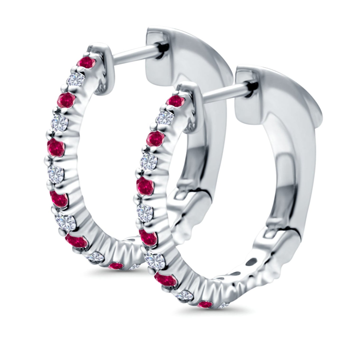 Half Eternity Huggie Hoop Earrings Round Simulated Ruby CZ (14mm)