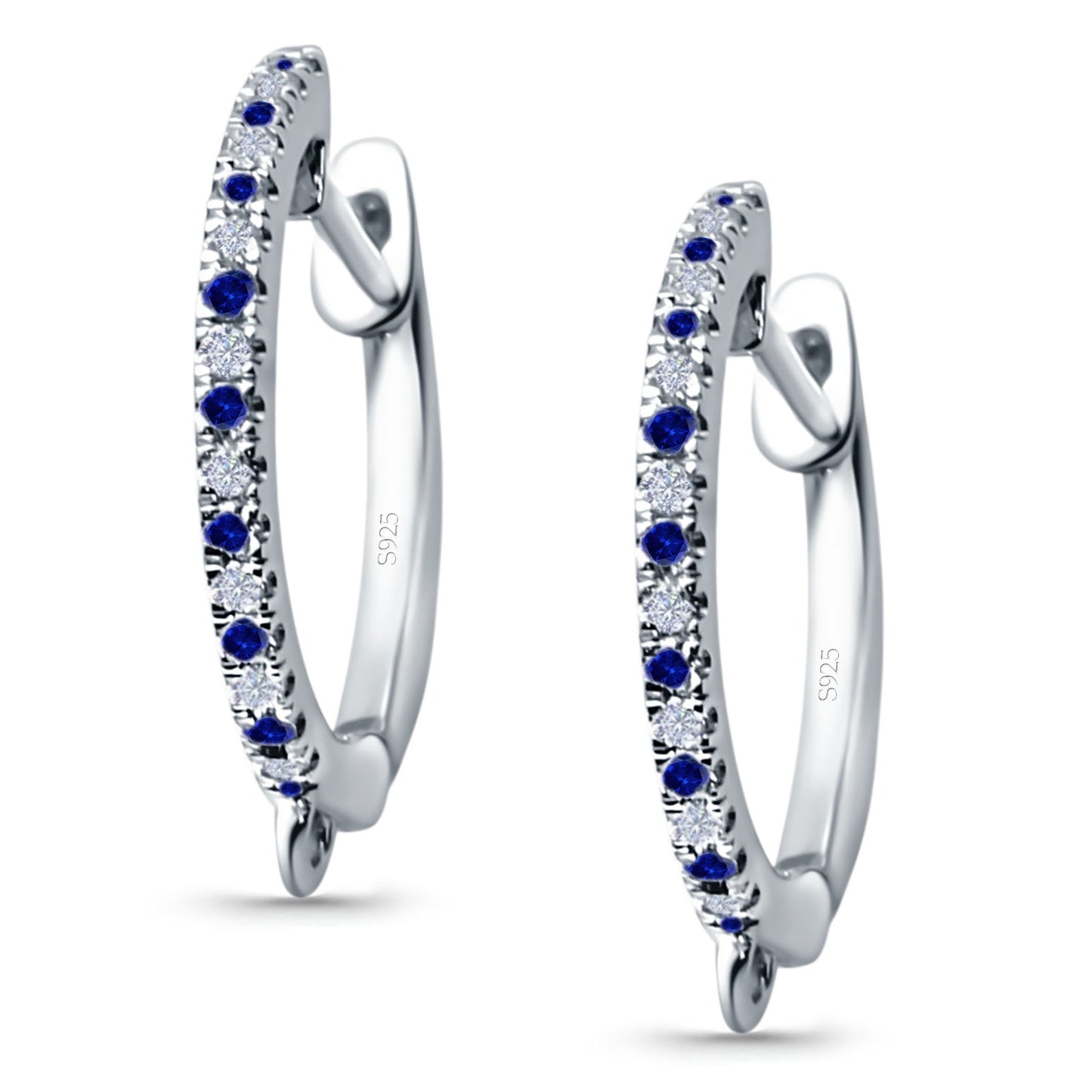 Half Eternity Hoop Earrings Round Simulated Blue Sapphire CZ (14mm)