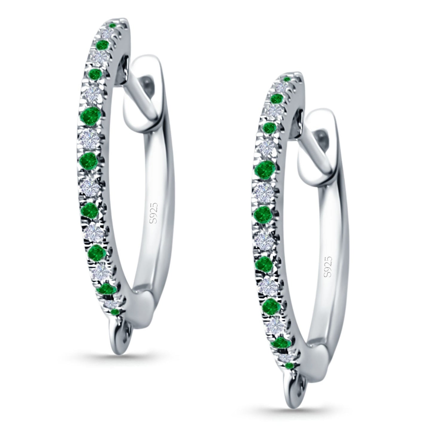 Half Eternity Hoop Earrings Round Simulated Green Emerald CZ (14mm)