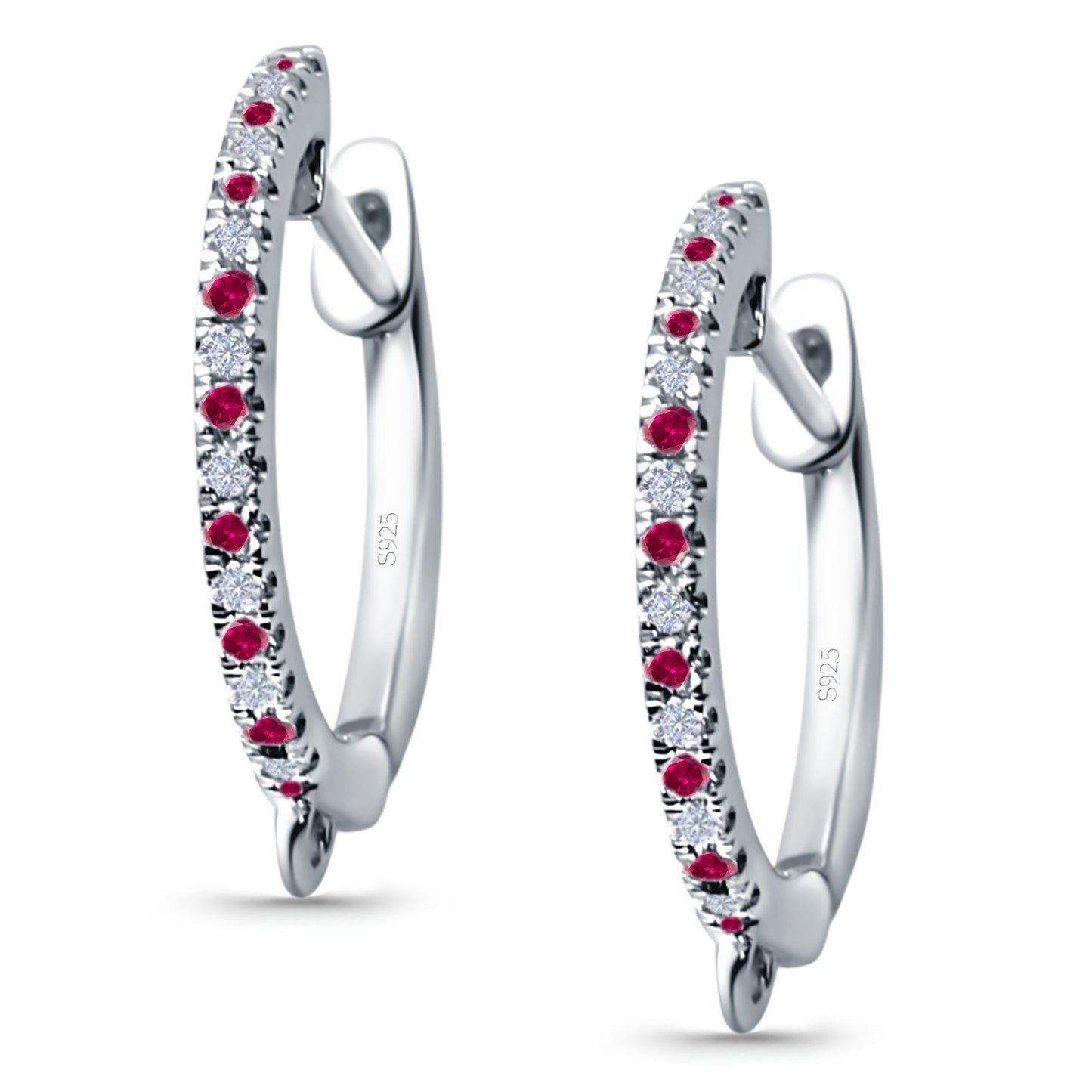 Half Eternity Hoop Earrings Round Simulated Ruby CZ (14mm)