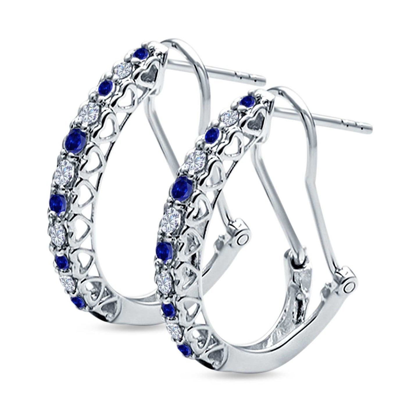 Half Eternity Heart Huggie Hoop Earrings Round Simulated Blue Sapphire CZ (18mm)