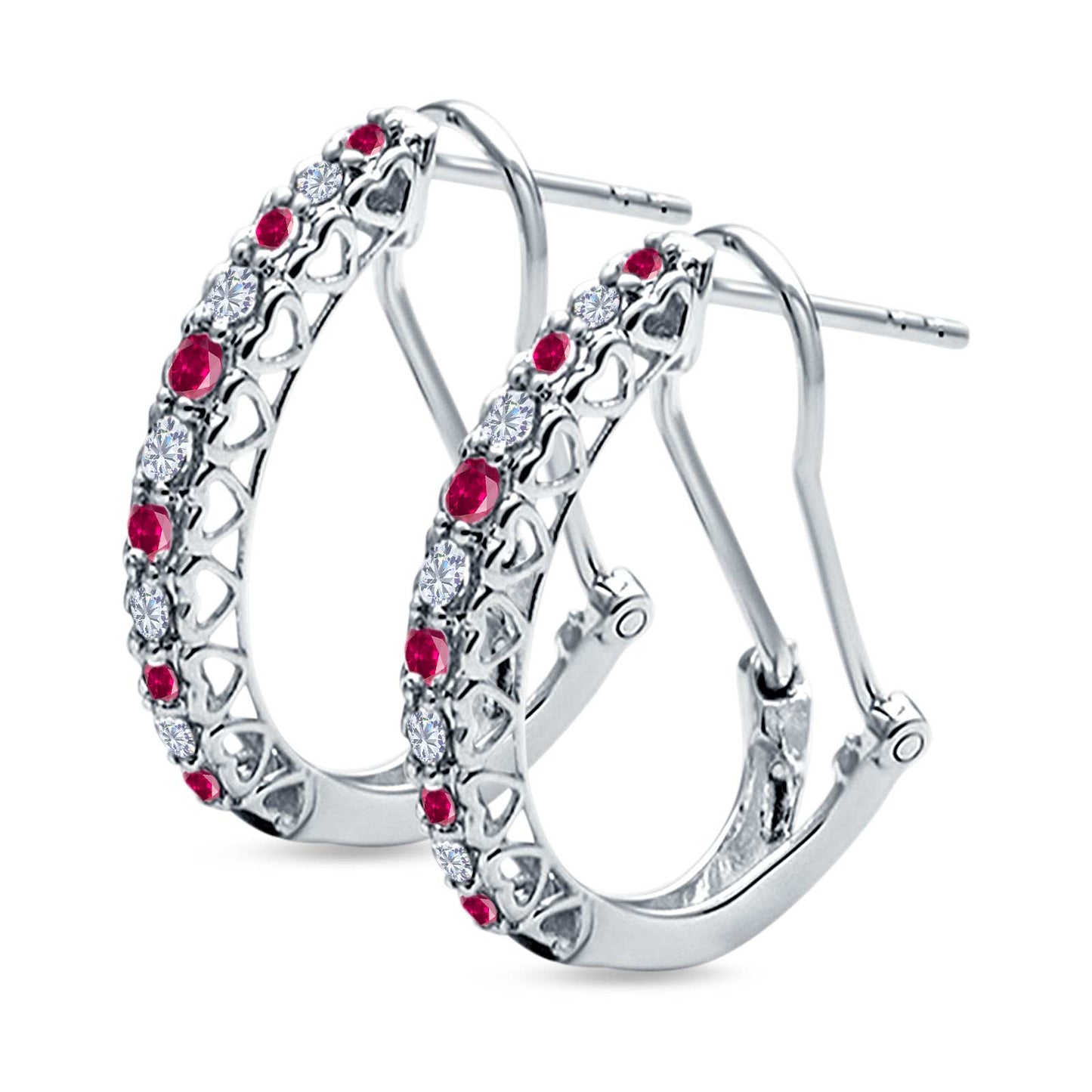 Half Eternity Heart Huggie Hoop Earrings Round Simulated Ruby CZ (18mm)