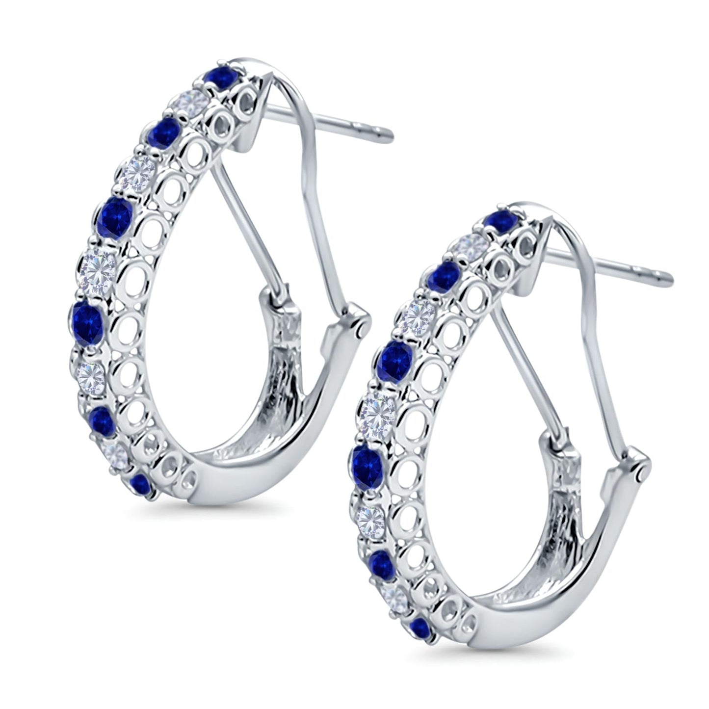 Half Eternity Huggie Hoop Earrings Round Simulated Blue Sapphire CZ (18mm)