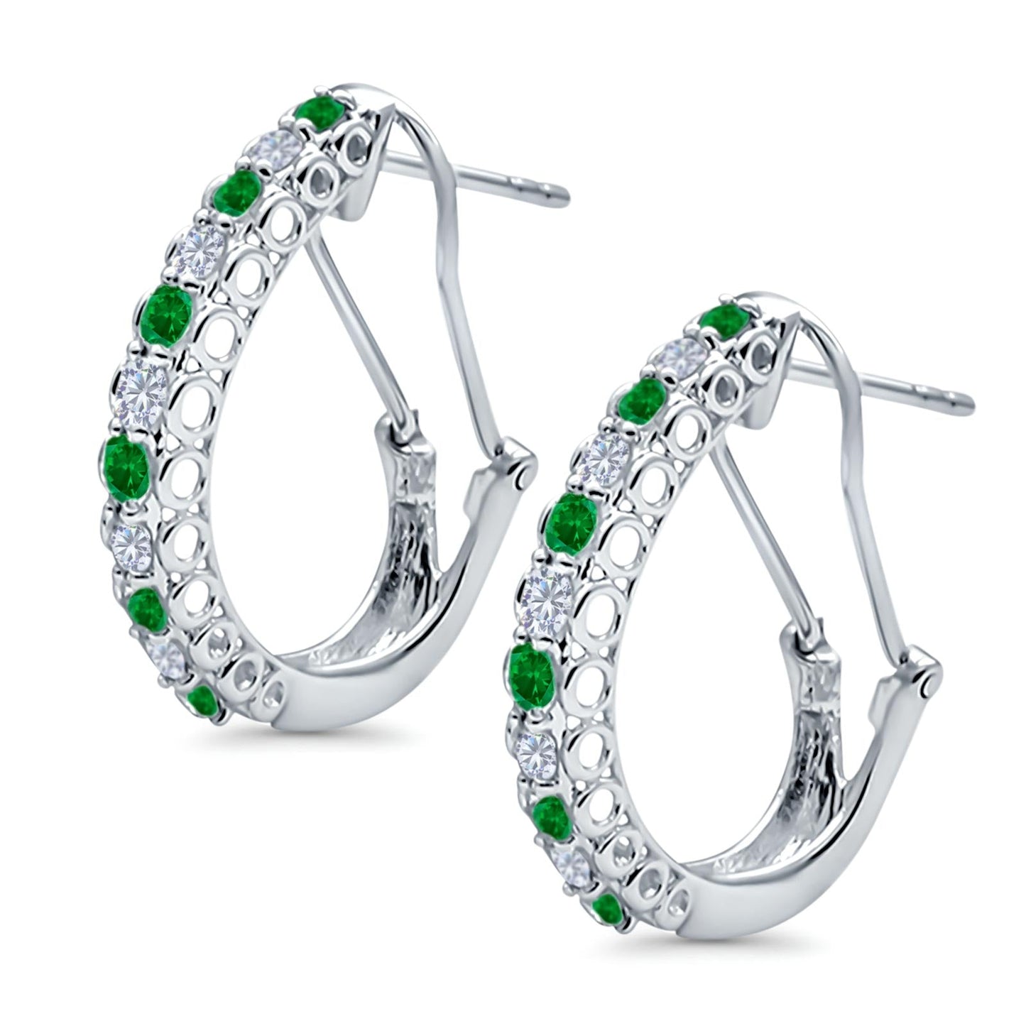 Half Eternity Huggie Hoop Earrings Round Simulated Green Emerald CZ (18mm)