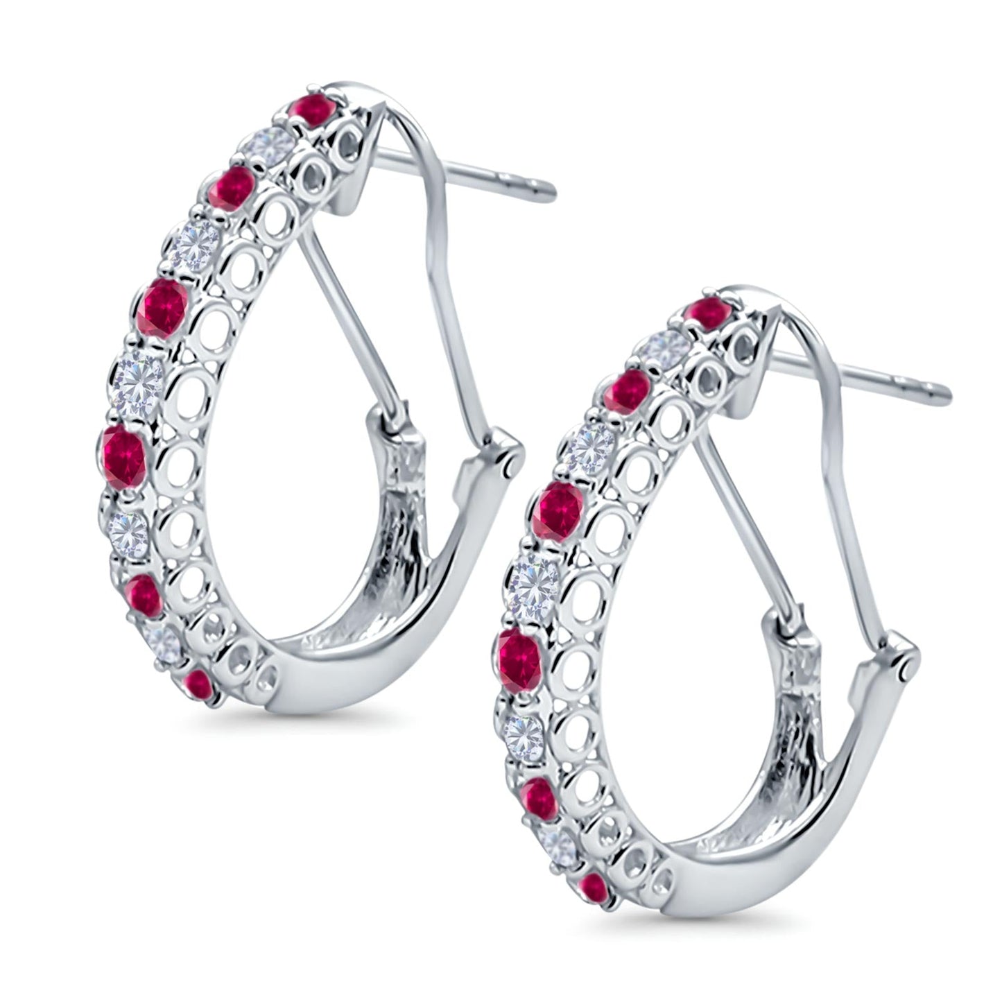 Half Eternity Huggie Hoop Earrings Round Simulated Ruby CZ (18mm)