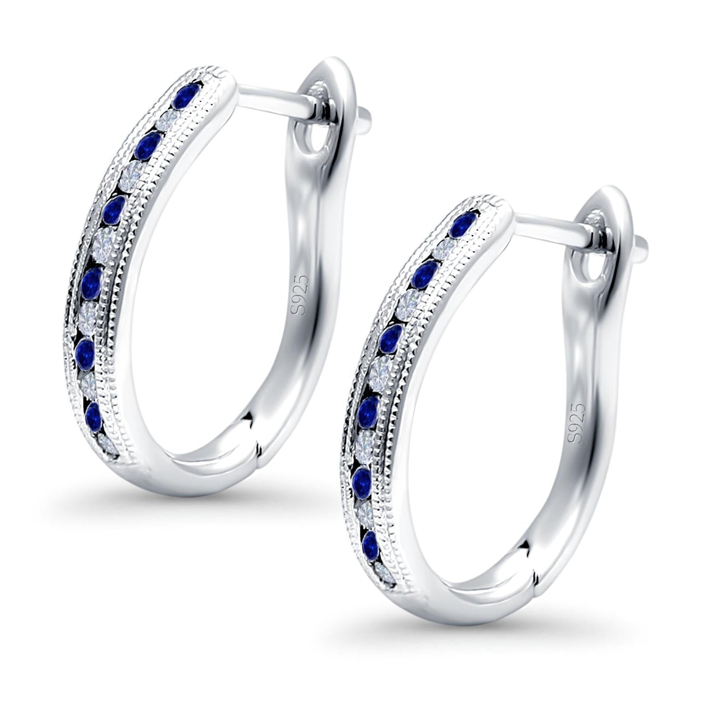 Half Eternity Hoop Earrings Round Simulated Blue Sapphire Cubic Zirconia (14mm)