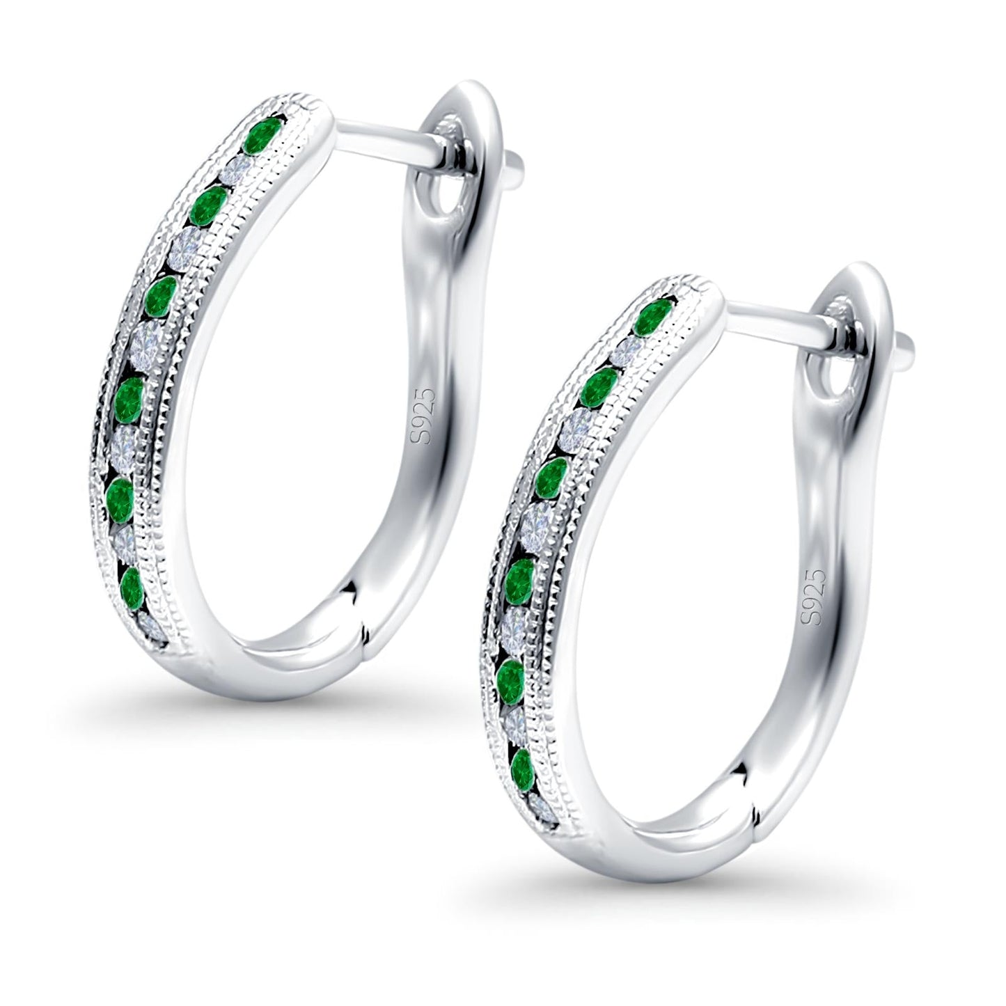 Half Eternity Hoop Earrings Round Simulated Green Emerald Cubic Zirconia(14mm)