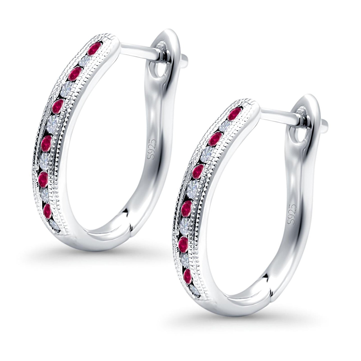 Half Eternity Hoop Earrings Round Simulated Ruby Cubic Zirconia (14mm)