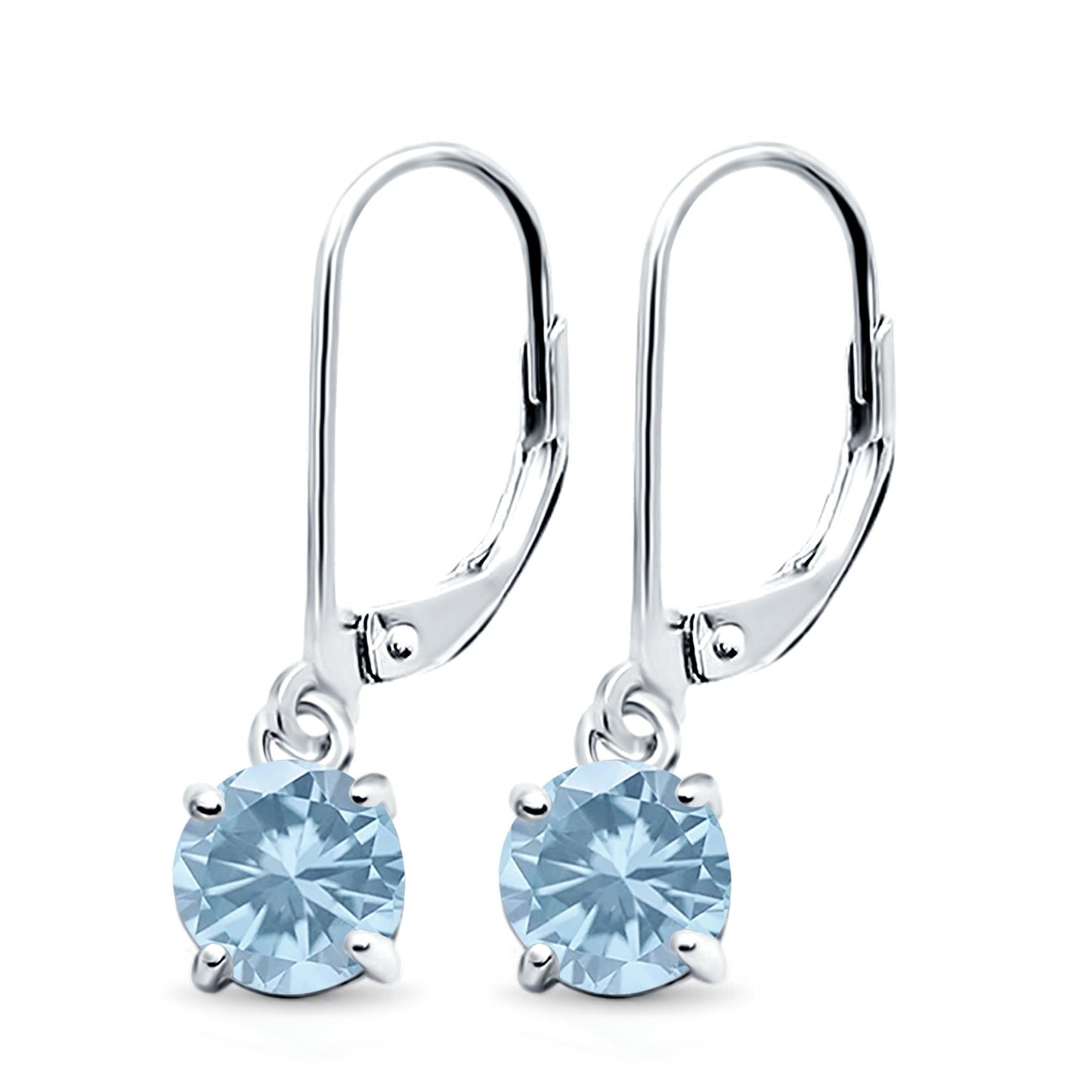 Lever Back Earring Round Simulated Aquamarine CZ  (2mm-10mm)