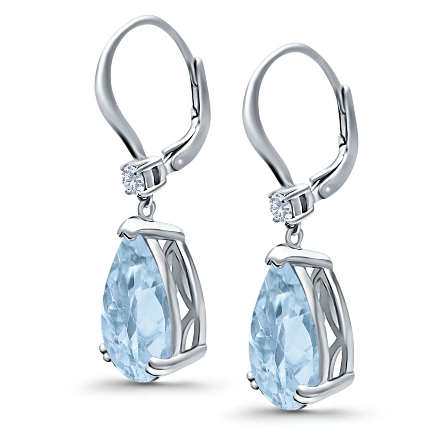 Pear Shape Dangling Leverback Earrings Wedding Simulated Aquamarine CZ (22mm)