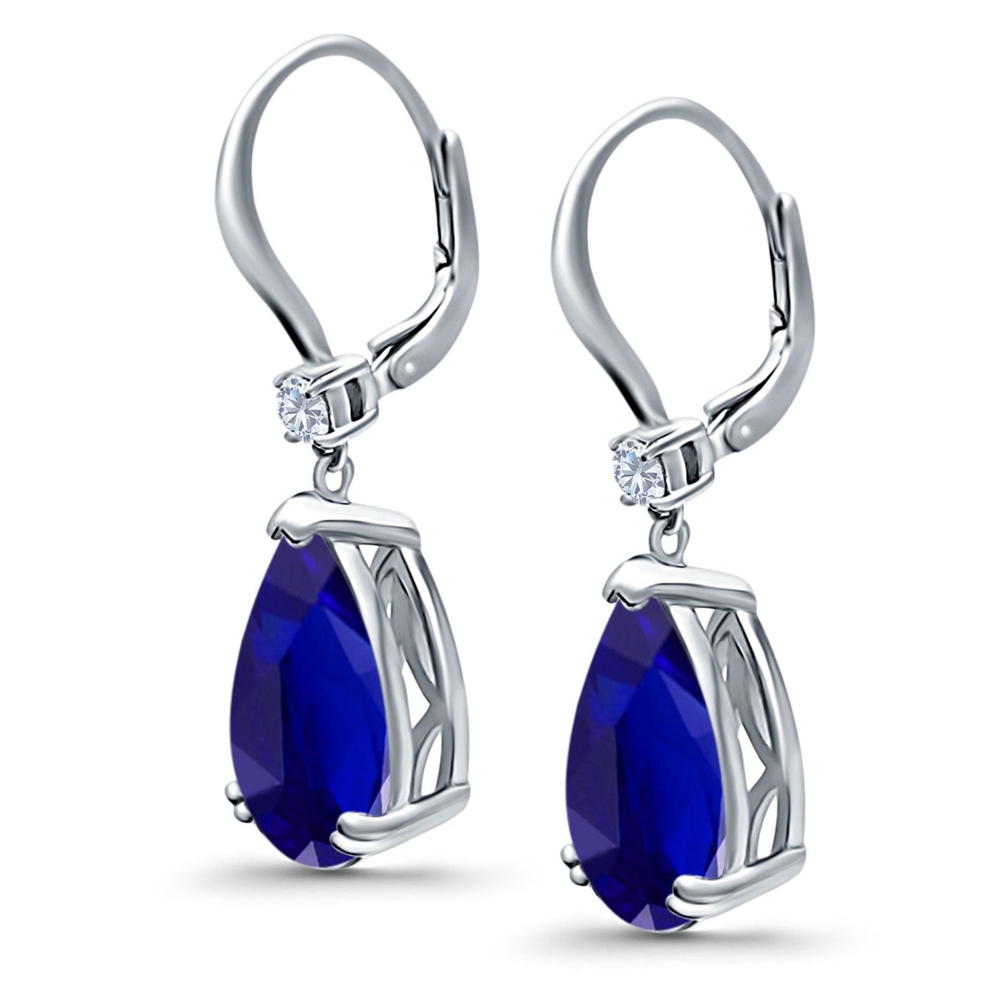 Pear Shape Dangling Leverback Earrings Wedding Simulated Blue Sapphire CZ (22mm)