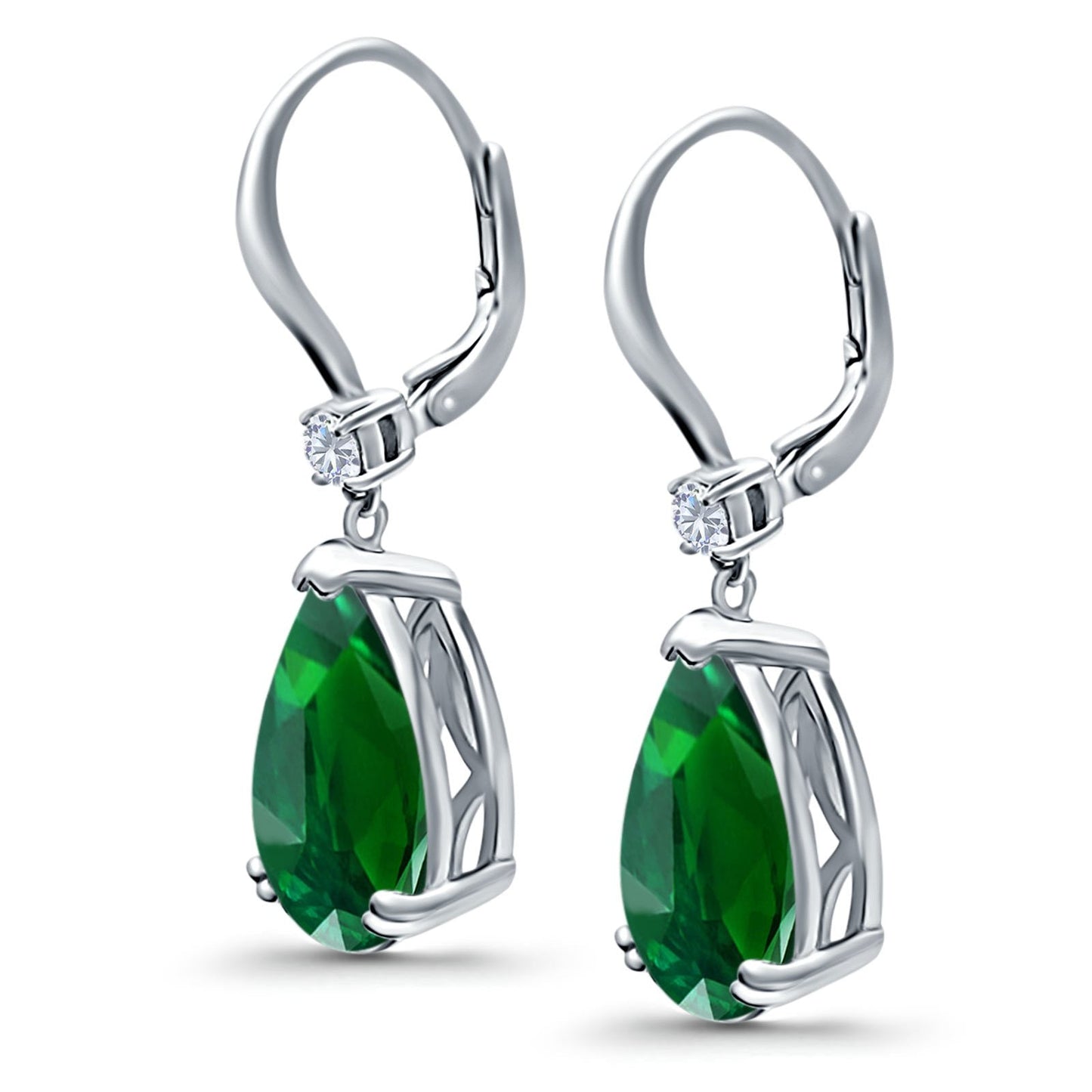 Pear Shape Dangling Leverback Earrings Wedding Simulated Green Emerald CZ (22mm)