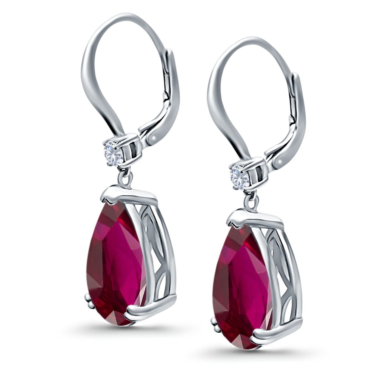 Pear Shape Dangling Leverback Earrings Wedding Simulated Ruby CZ (22mm)