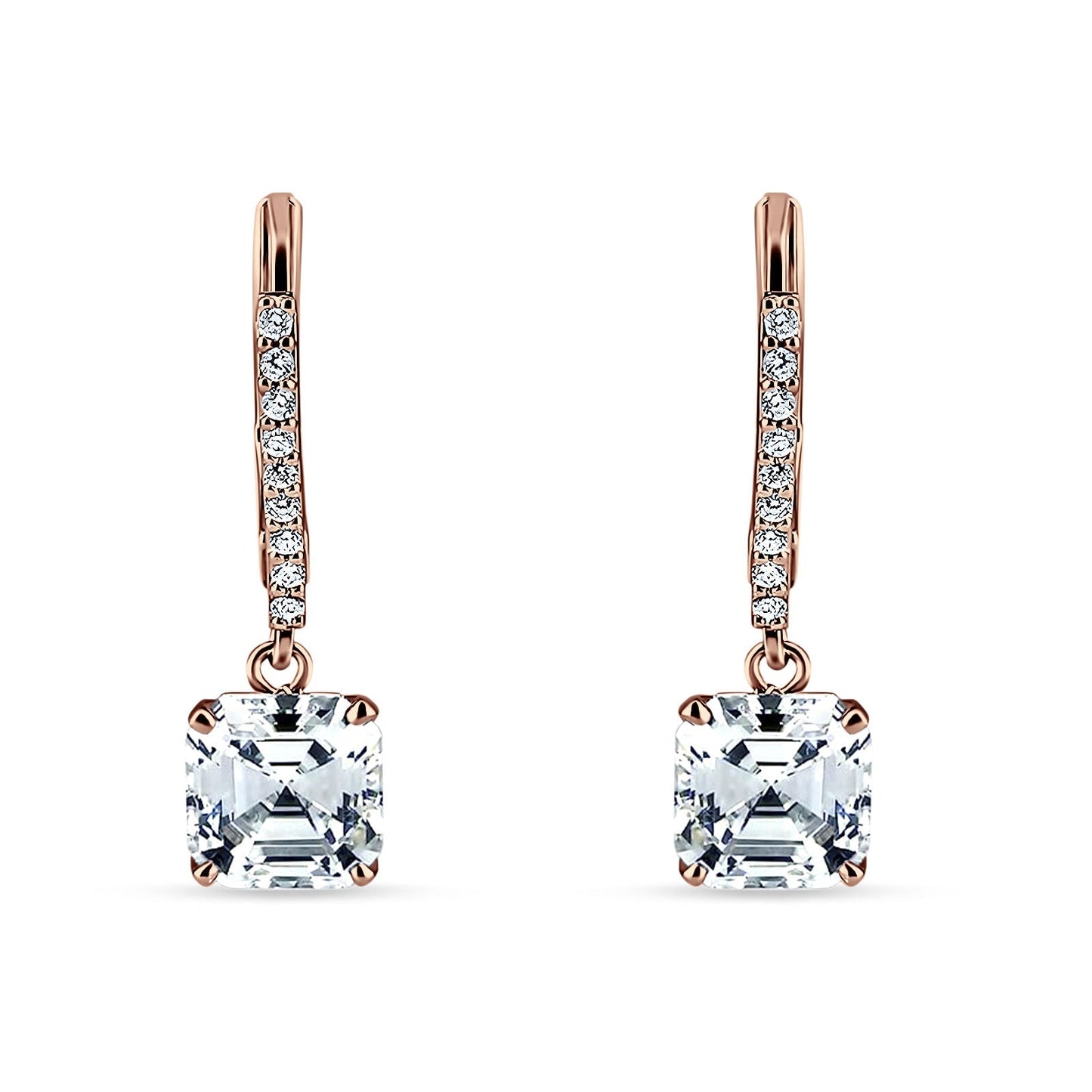 Asscher Cut Rose Tone, Cubic Zirconia Leverback Earrings