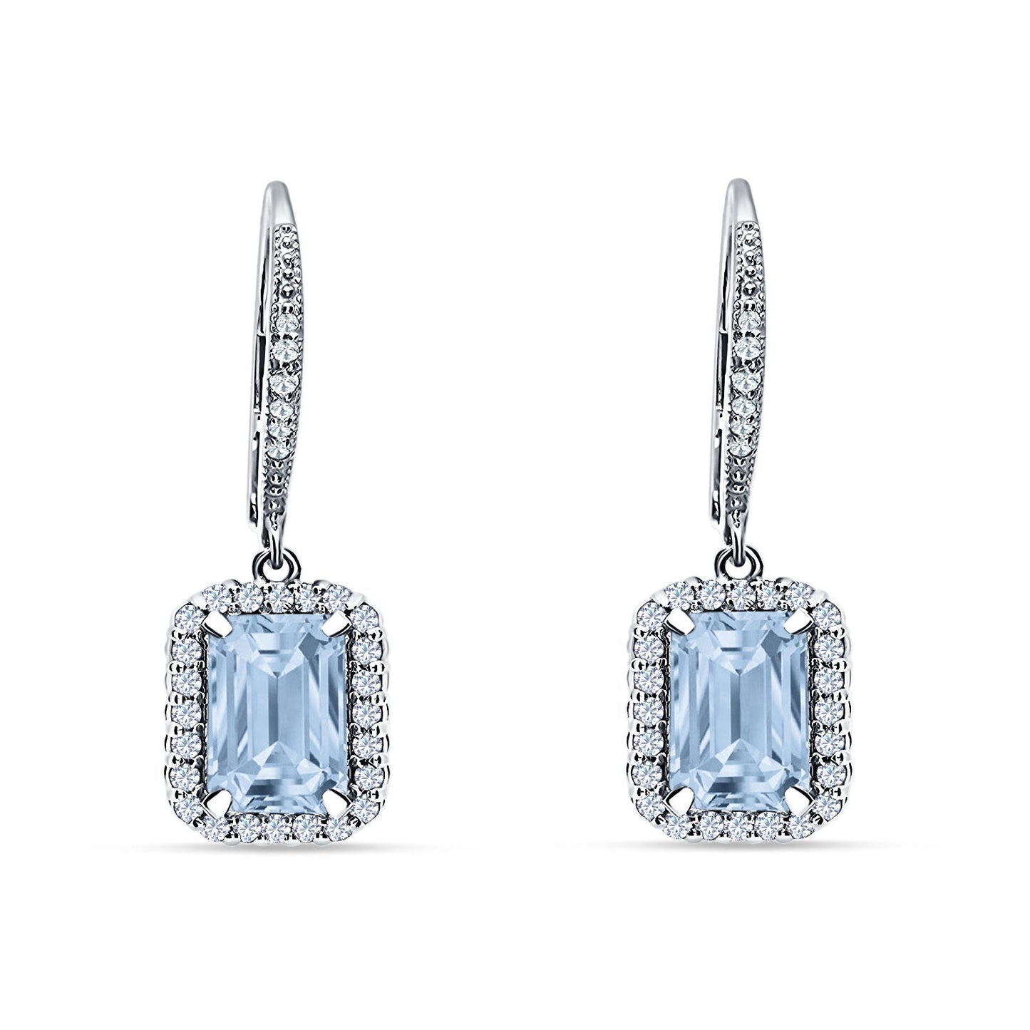 Emerald Cut Leverback Earrings Simulated Aquamarine