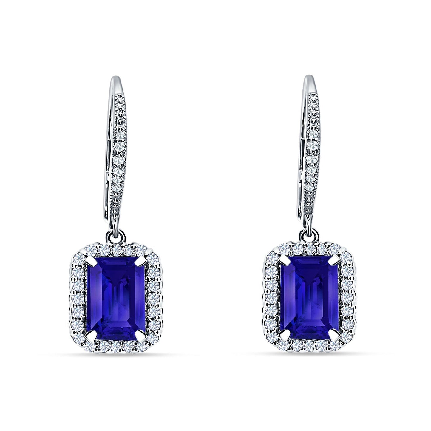 Emerald Cut Leverback Earrings Simulated Blue Sapphire