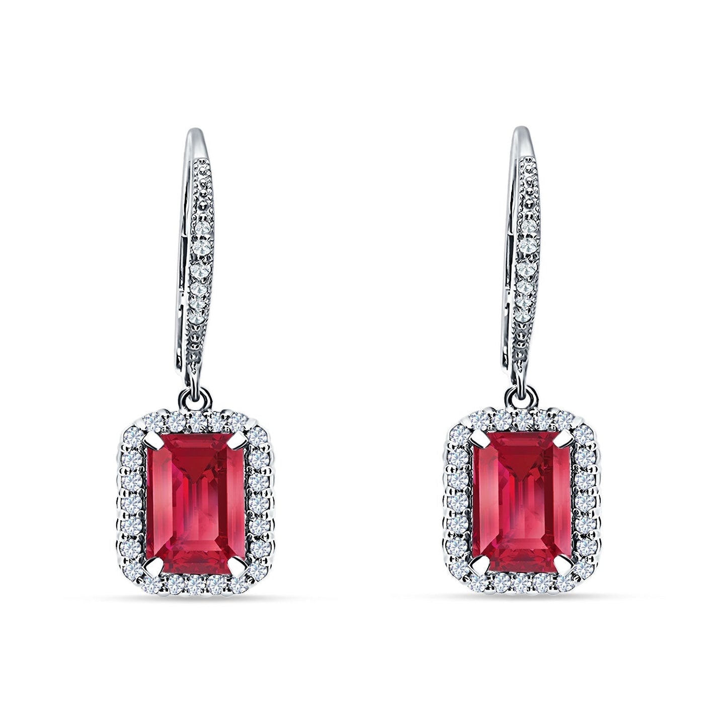 Emerald Cut Leverback Earrings Simulated Ruby