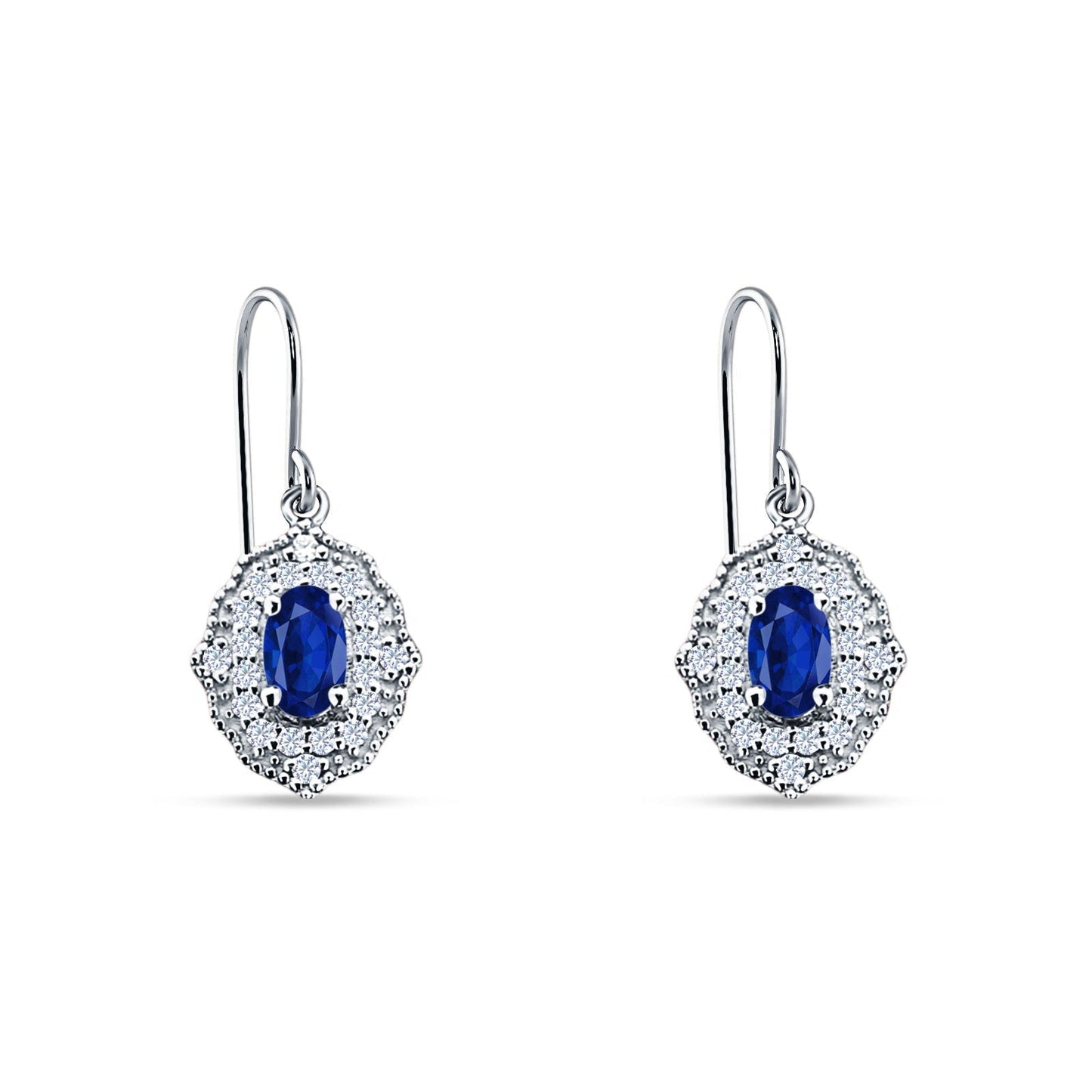 Halo Oval Fishhook Earring Simulated Blue Sapphire