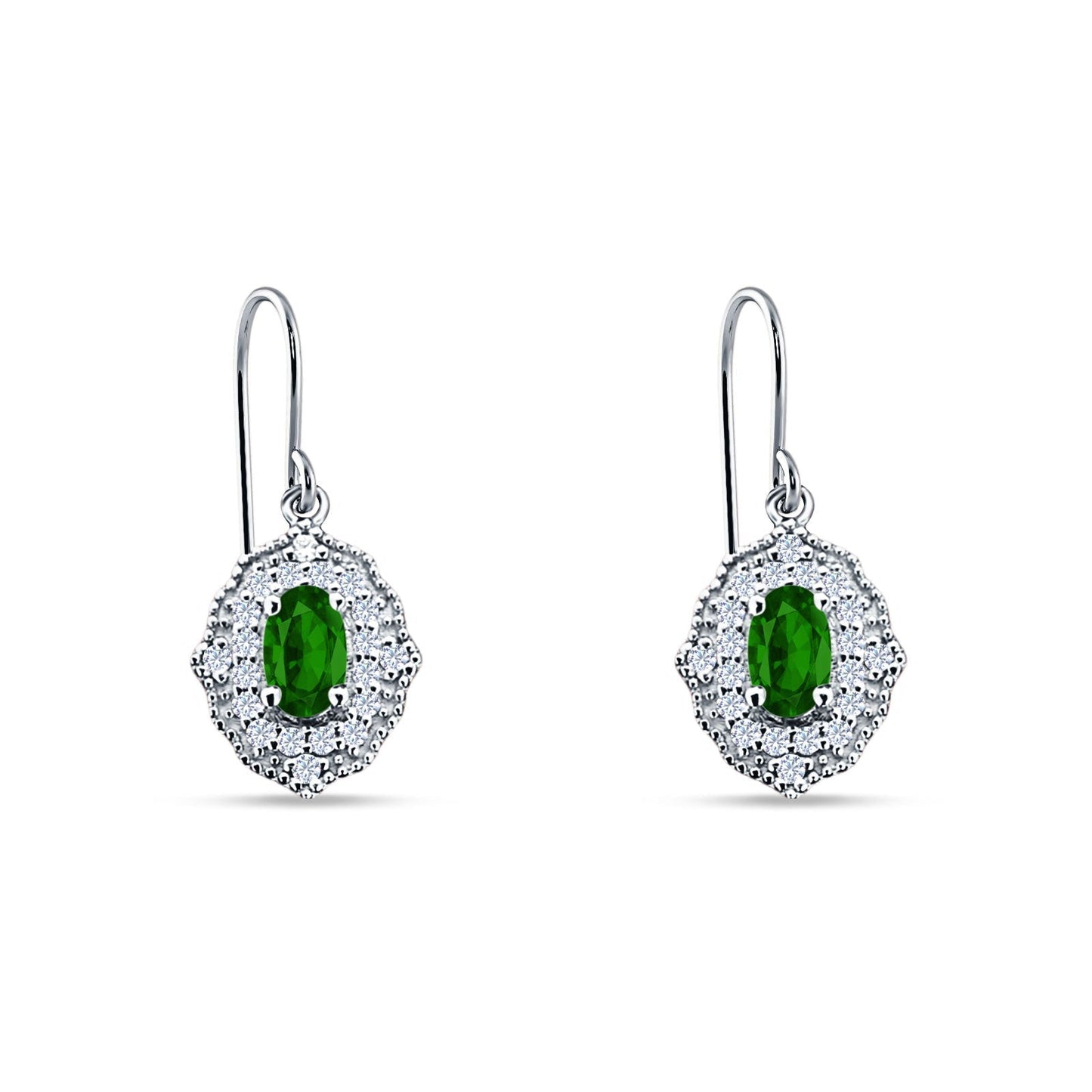 Halo Oval Fishhook Earring Simulated Green Emerald