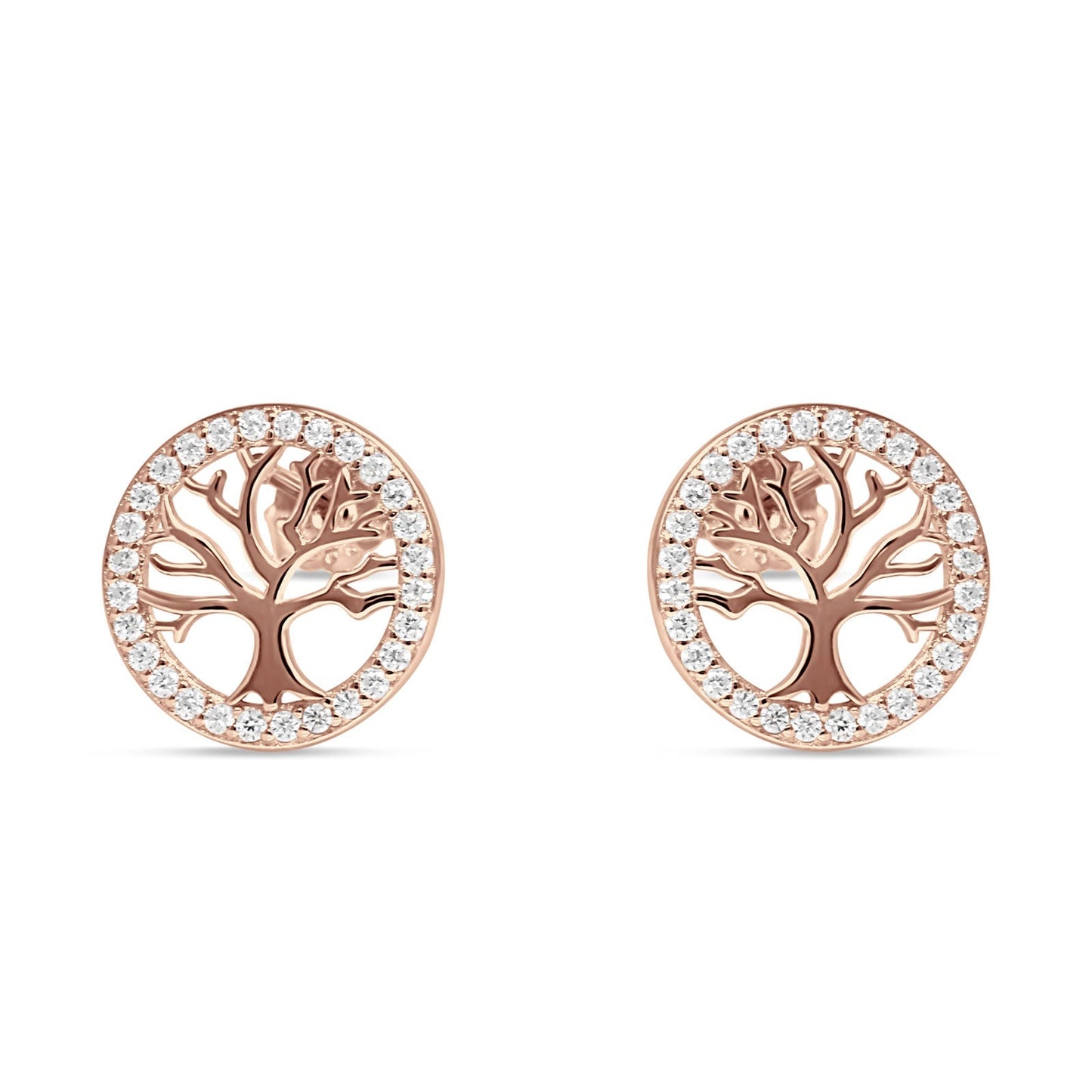 Tree Of Life Stud Earrings Cubic Zirconia Rose Tone