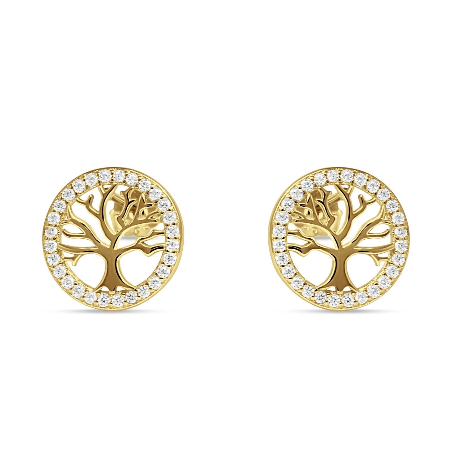 Tree Of Life Stud Earrings Cubic Zirconia Yellow Tone