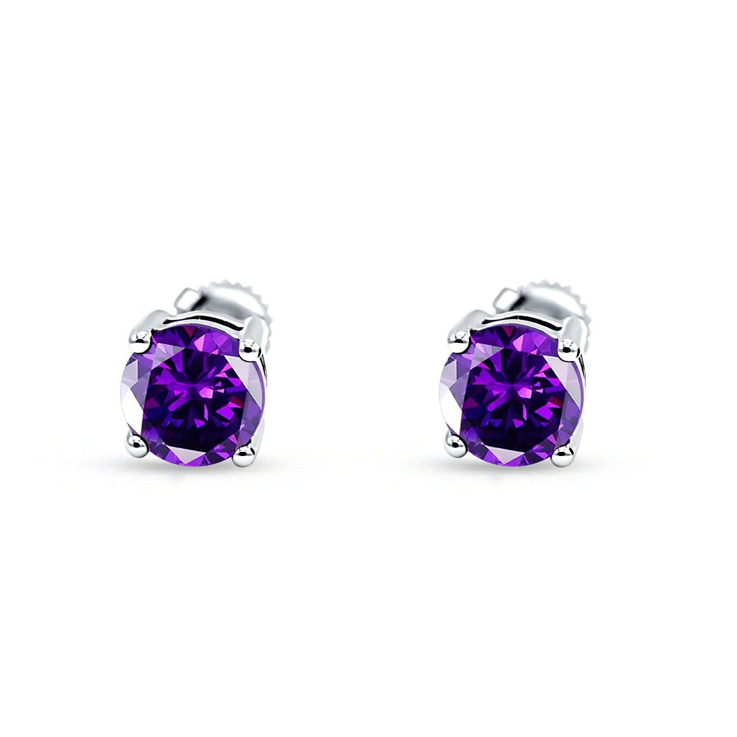 Solitaire Screw Back Stud Earring Brilliant Round Simulated Amethyst CZ