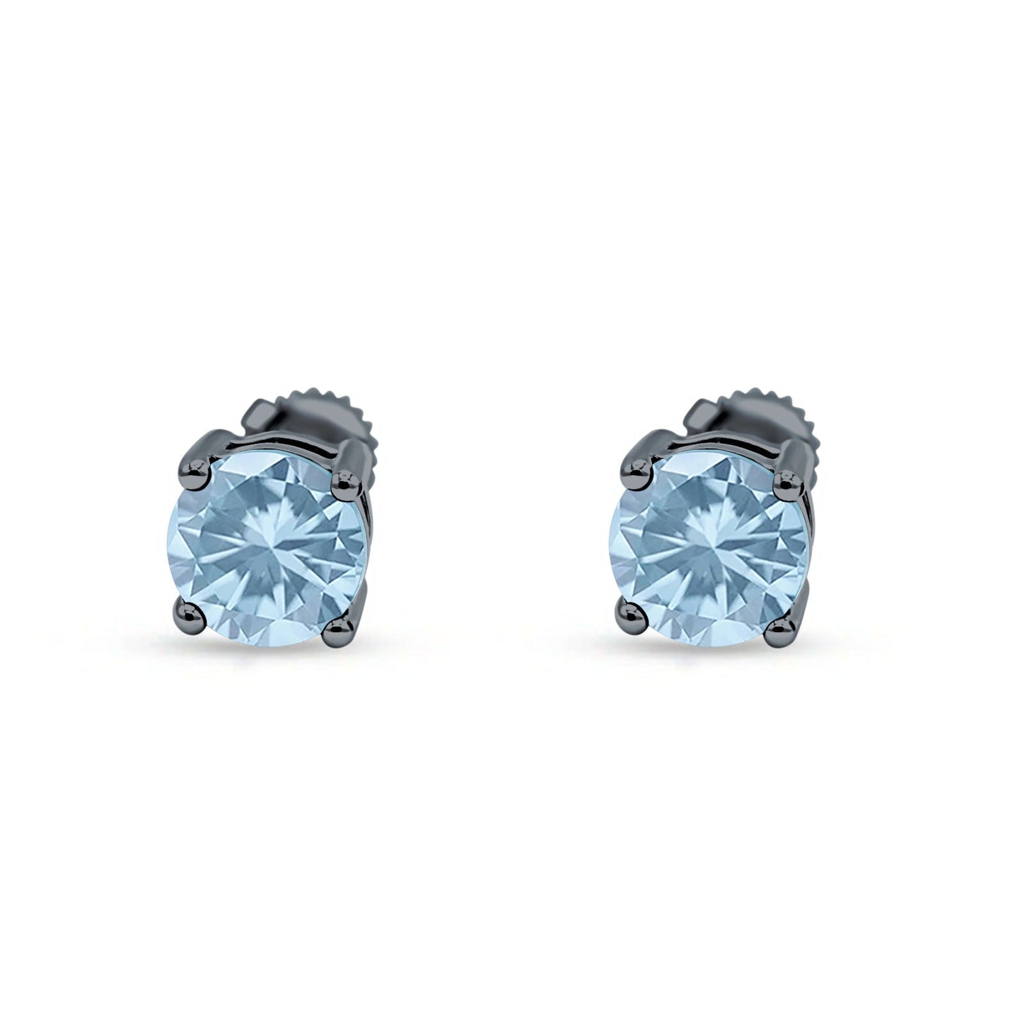 Solitaire Stud Earring Brilliant Round Simulated Aquamarine Black Tone