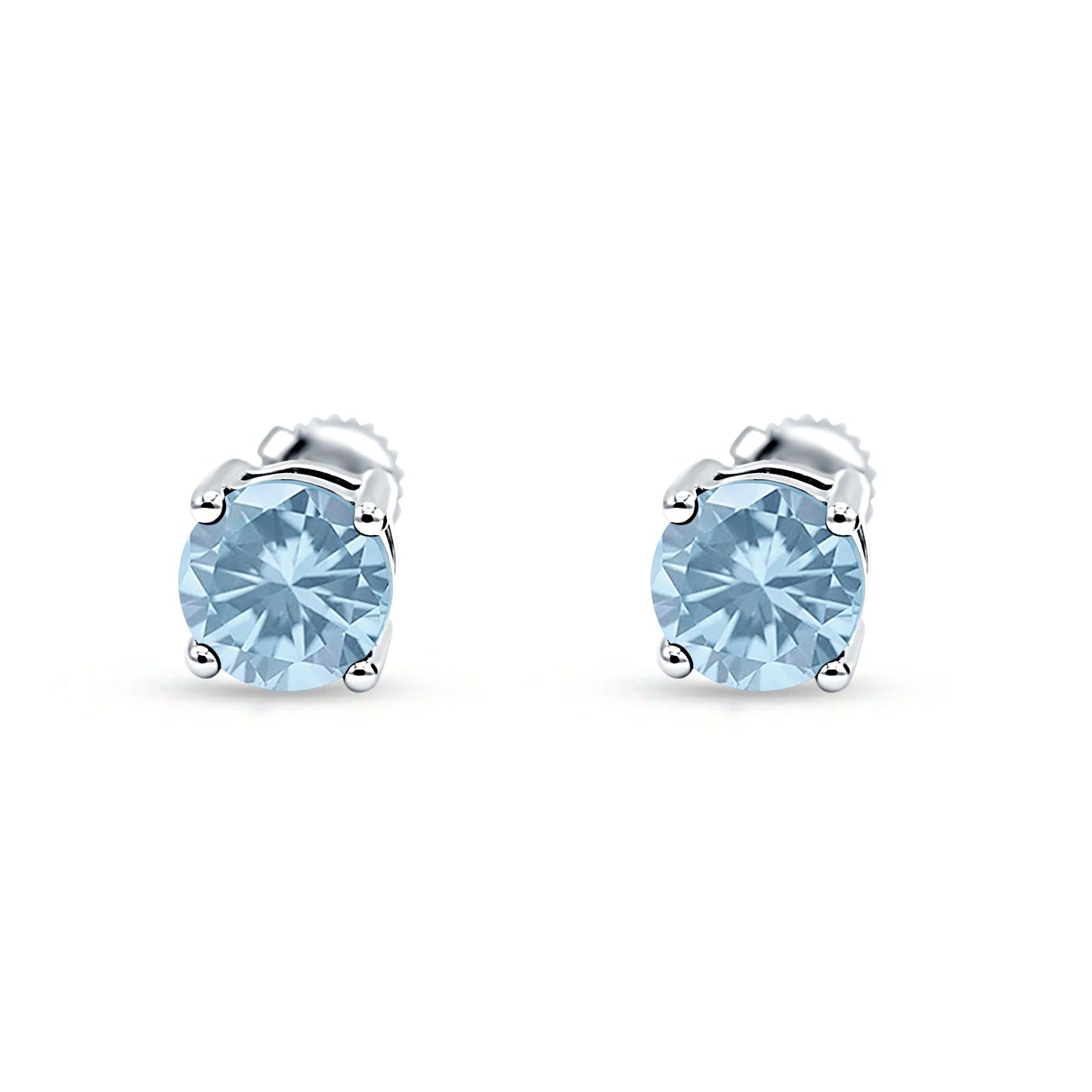 Solitaire Screw Back Stud Earring Brilliant Round Simulated Aquamarine CZ