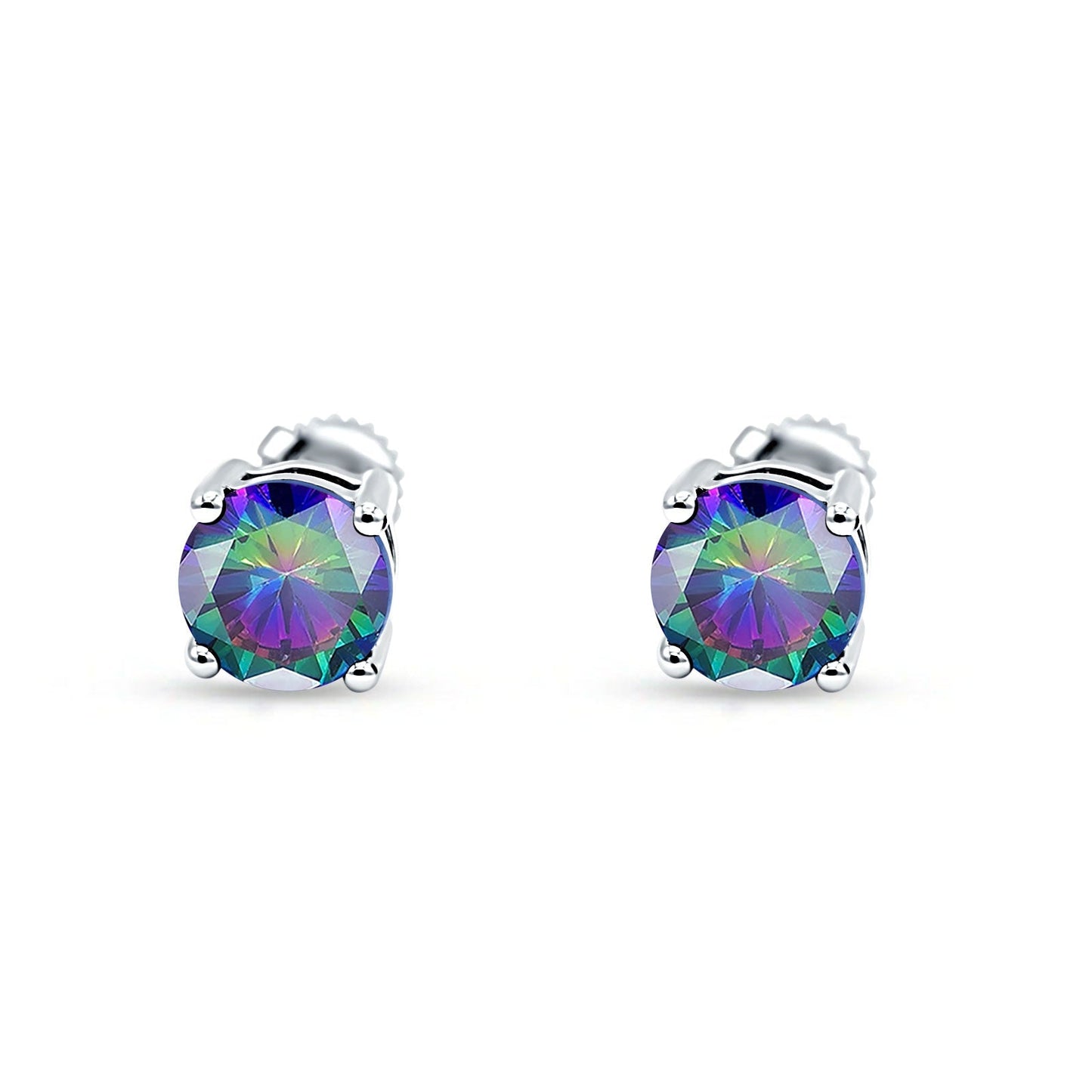 Solitaire Brilliant Round Simulated Rainbow CZ Screw Back Stud Earring