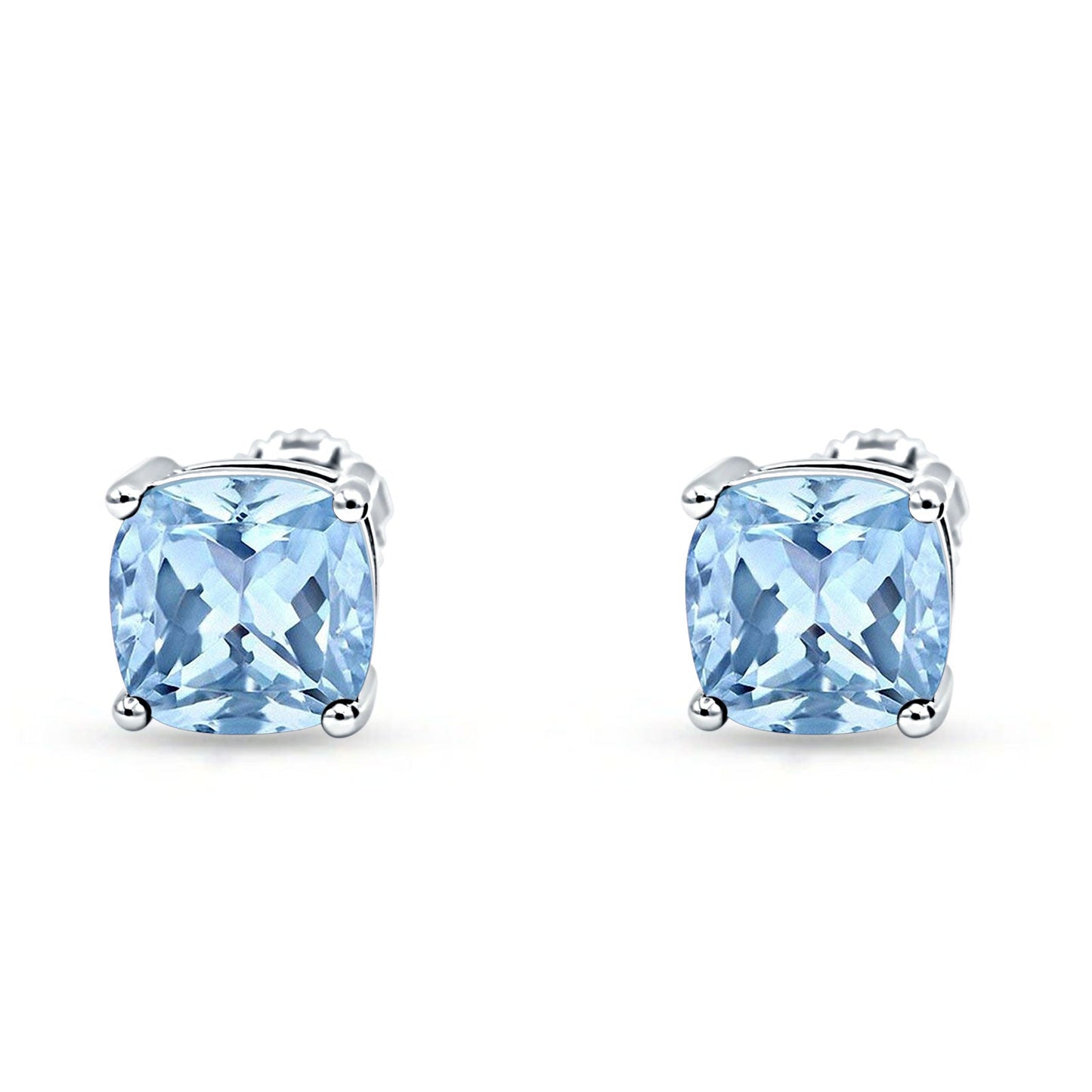 Solitaire Screw Back Stud Earring Excellent Cushion Cut Simulated Aquamarine CZ