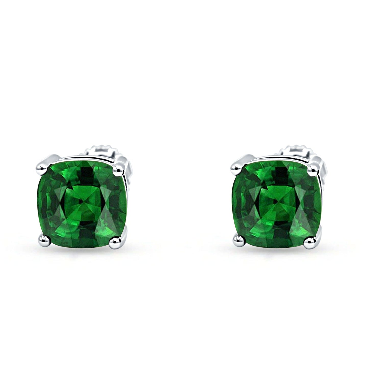 Solitaire Screw Back Stud Earring Excellent Cushion Cut Simulated Green Emerald CZ