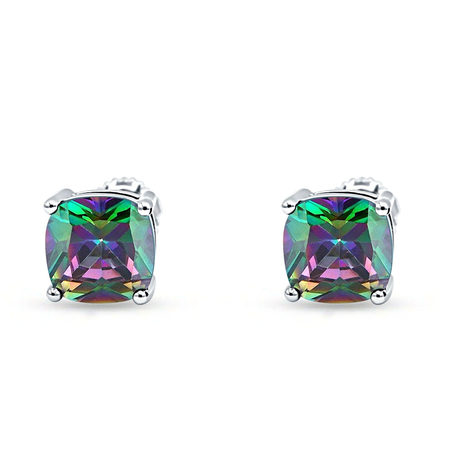 Solitaire Screw Back Stud Earring Excellent Cushion Cut Simulated Rainbow CZ