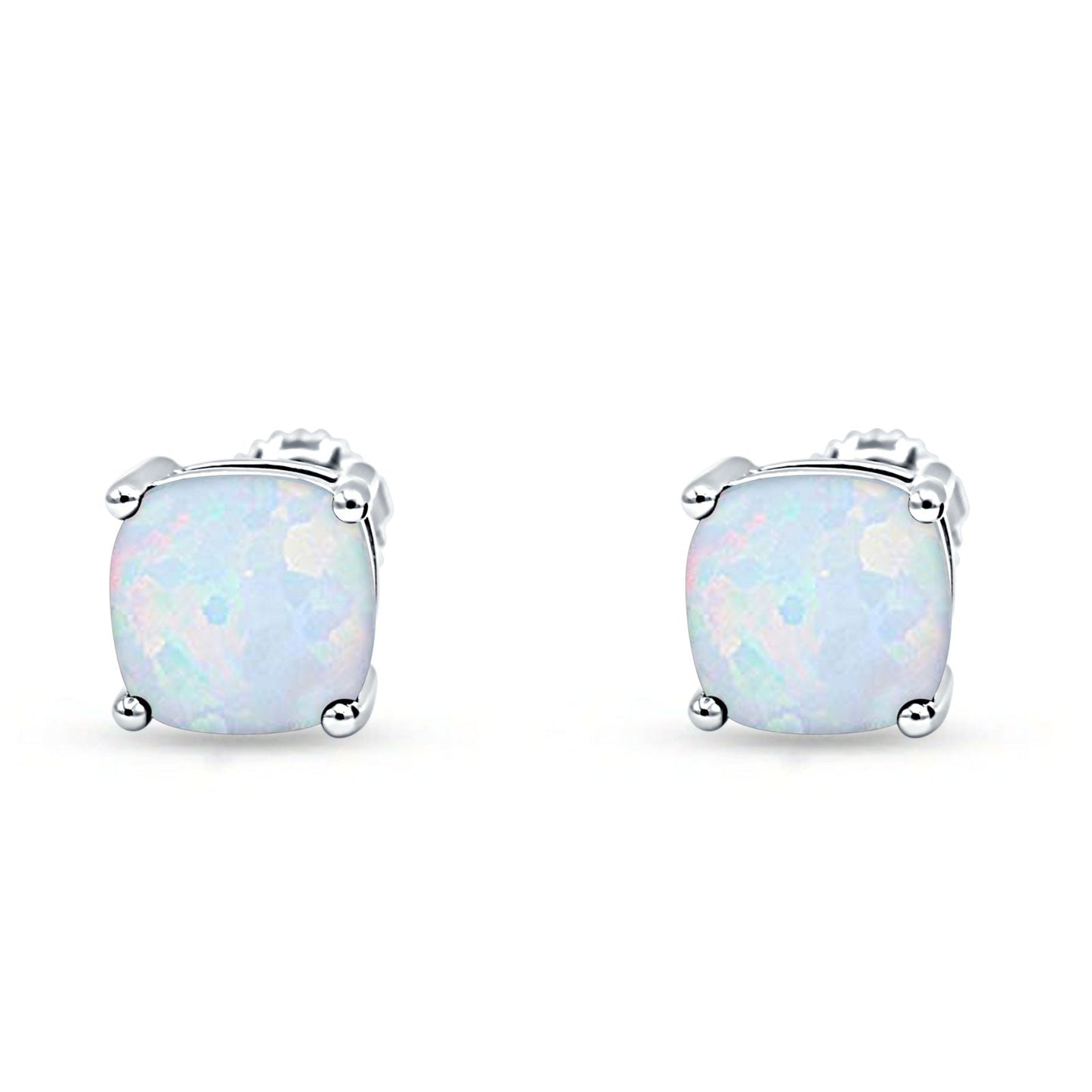 Solitaire Screw Back Stud Earring Excellent Cushion Cut Lab Created White Opal