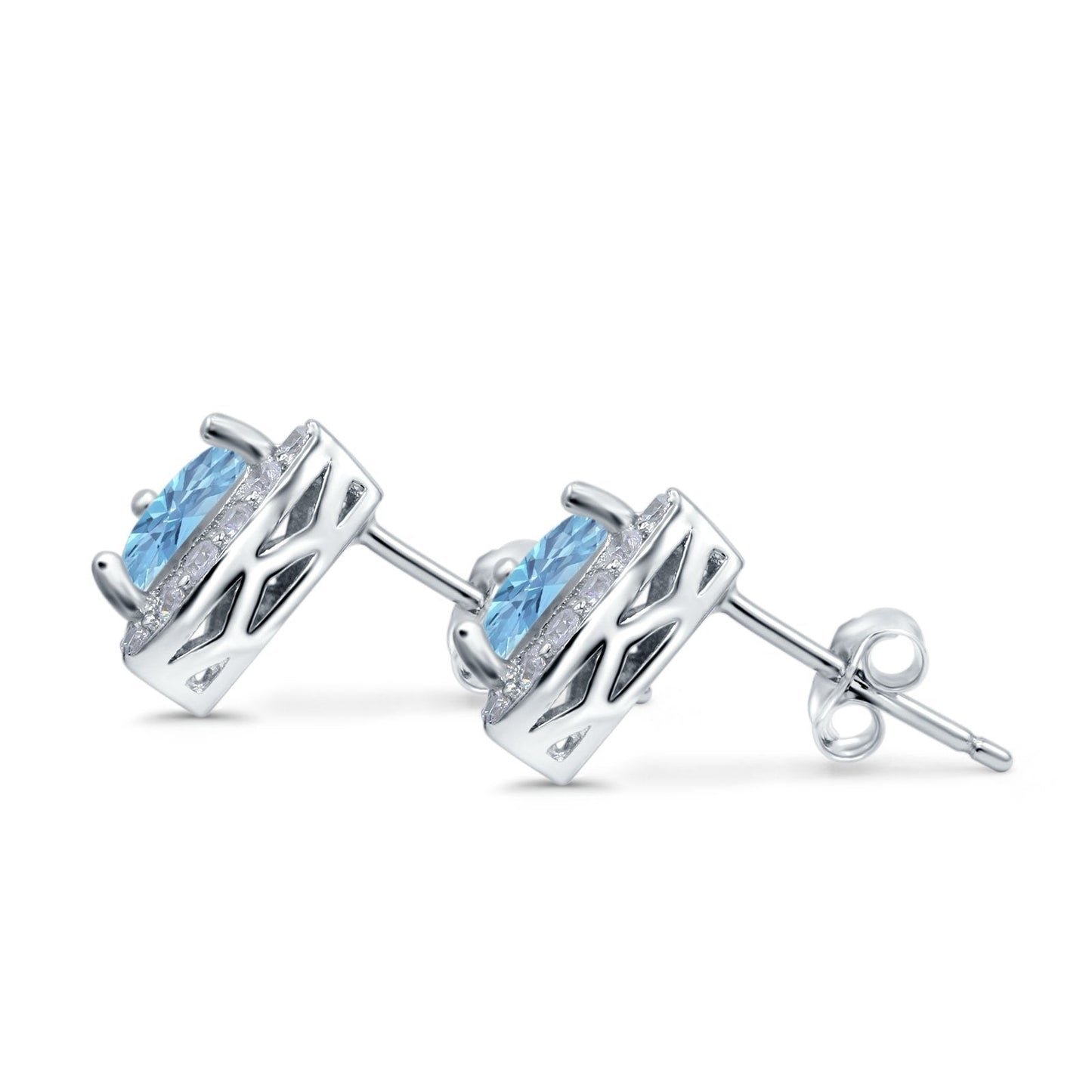 Halo Simulated Aquamarine CZ Round Stud Earrings