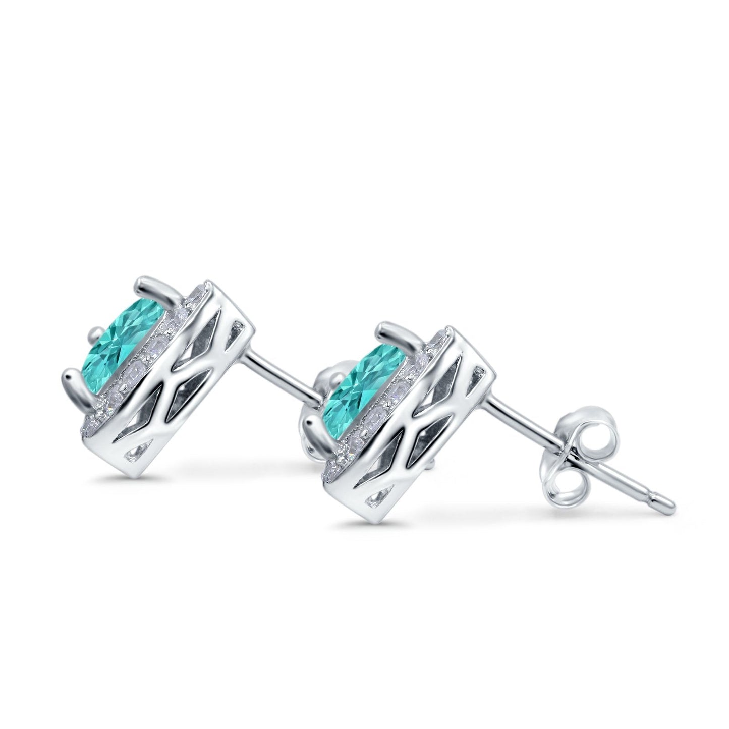 Halo Simulated Paraiba Tourmaline CZ Round Stud Earrings