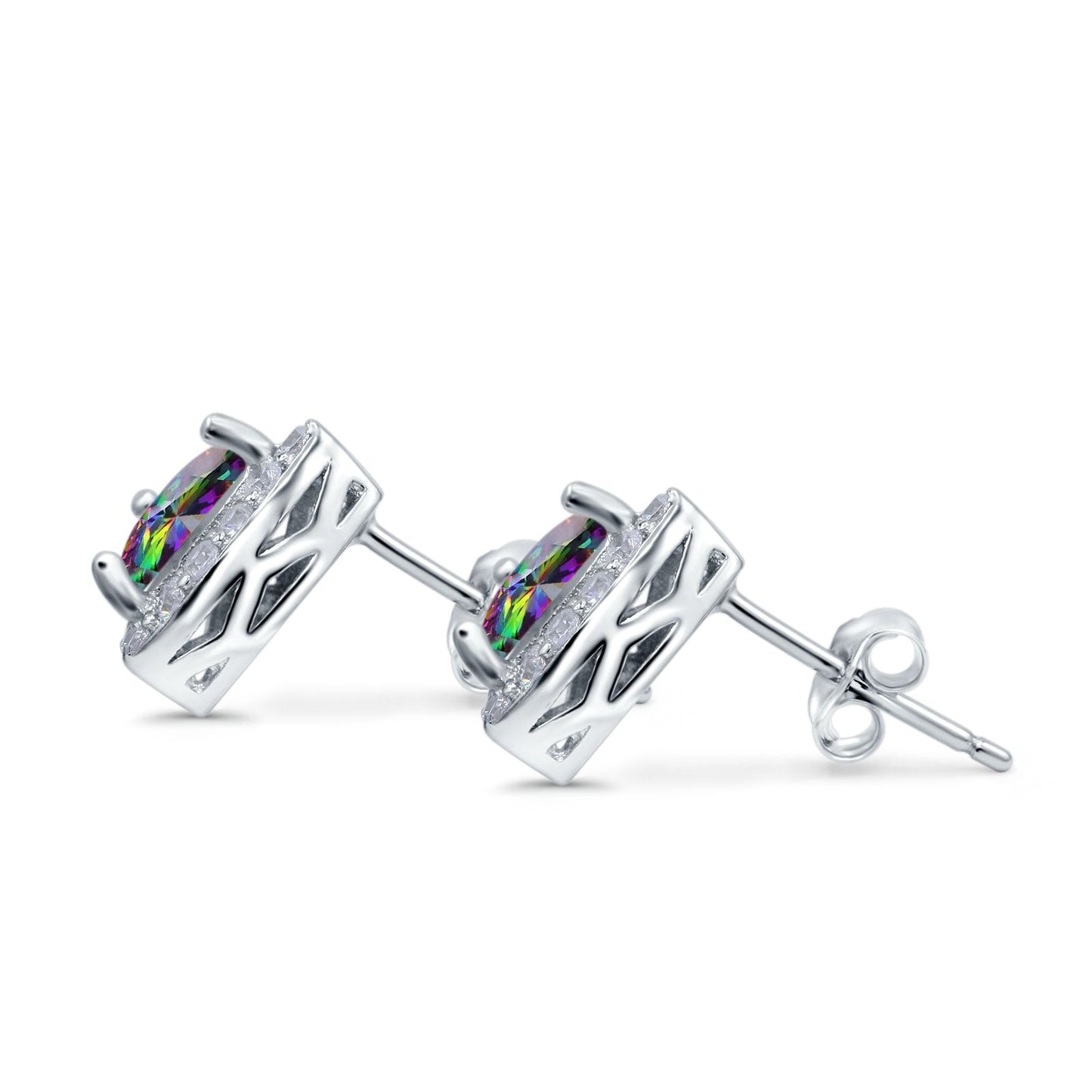 Halo Simulated Rainbow CZ Round Stud Earrings