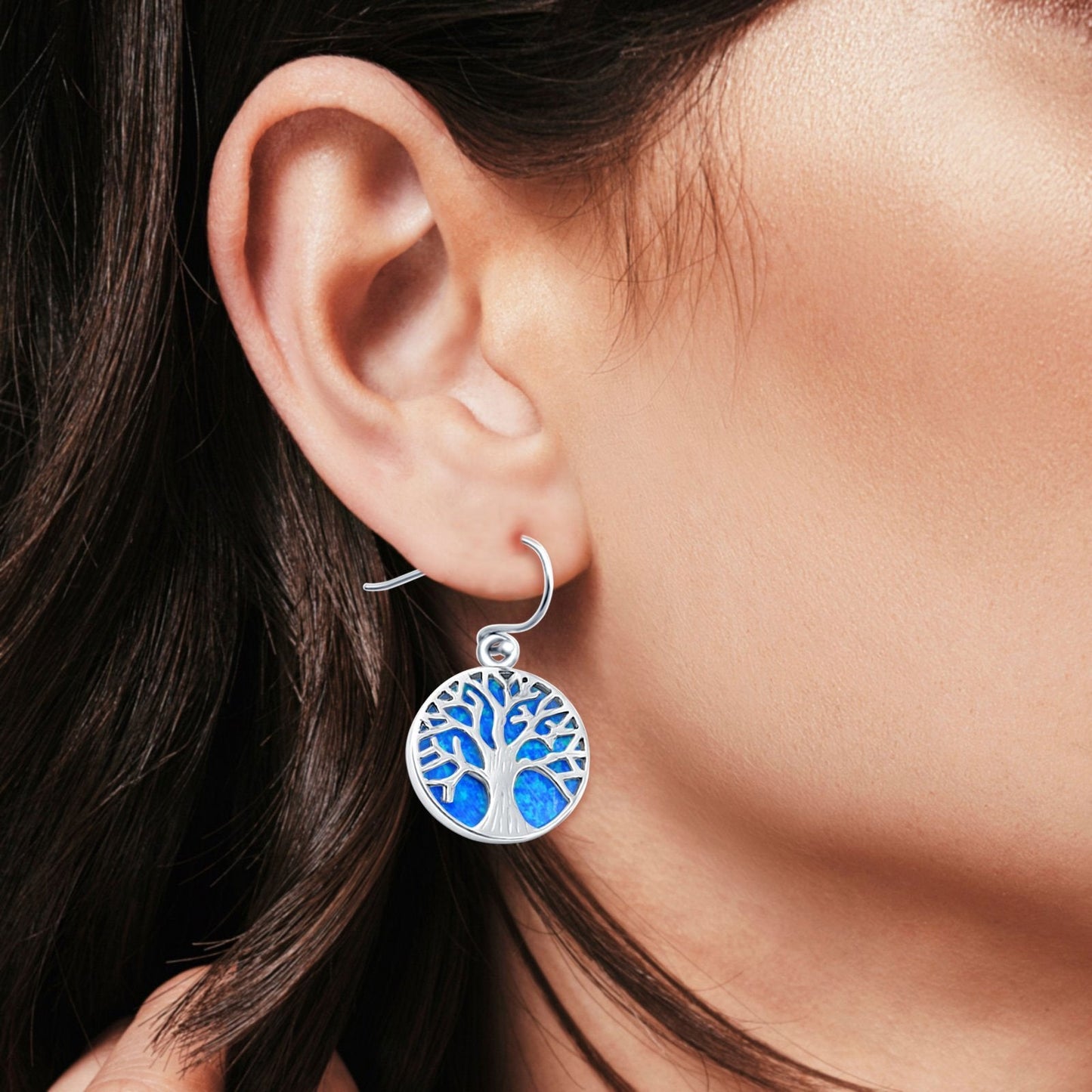 Circle Round Tree of Life Earrings Drop Dangle Lab Created Blue Opal (20mm)