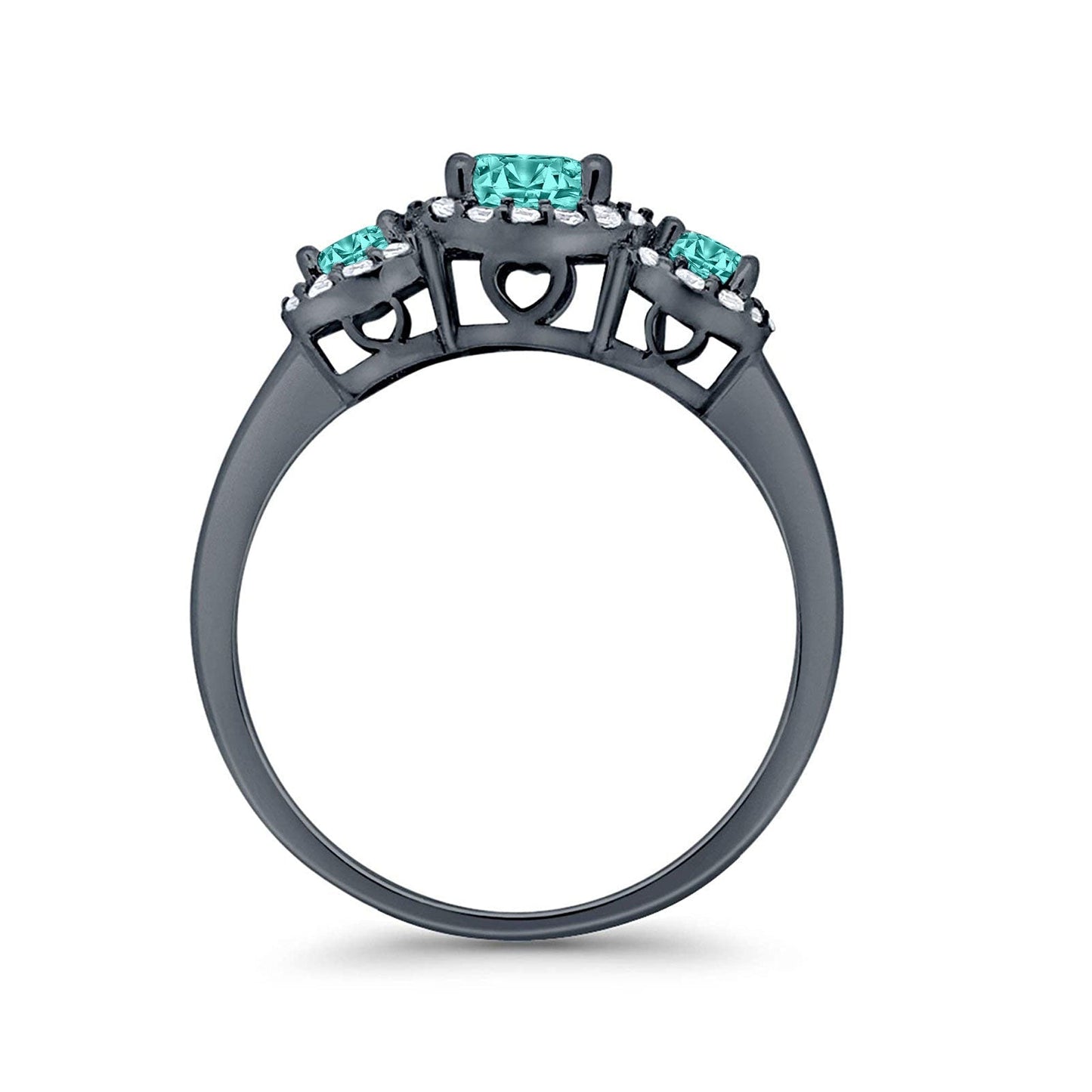 Three Stone Halo Black Tone, Simulated Paraiba Tourmaline CZ Engagement Promise Ring