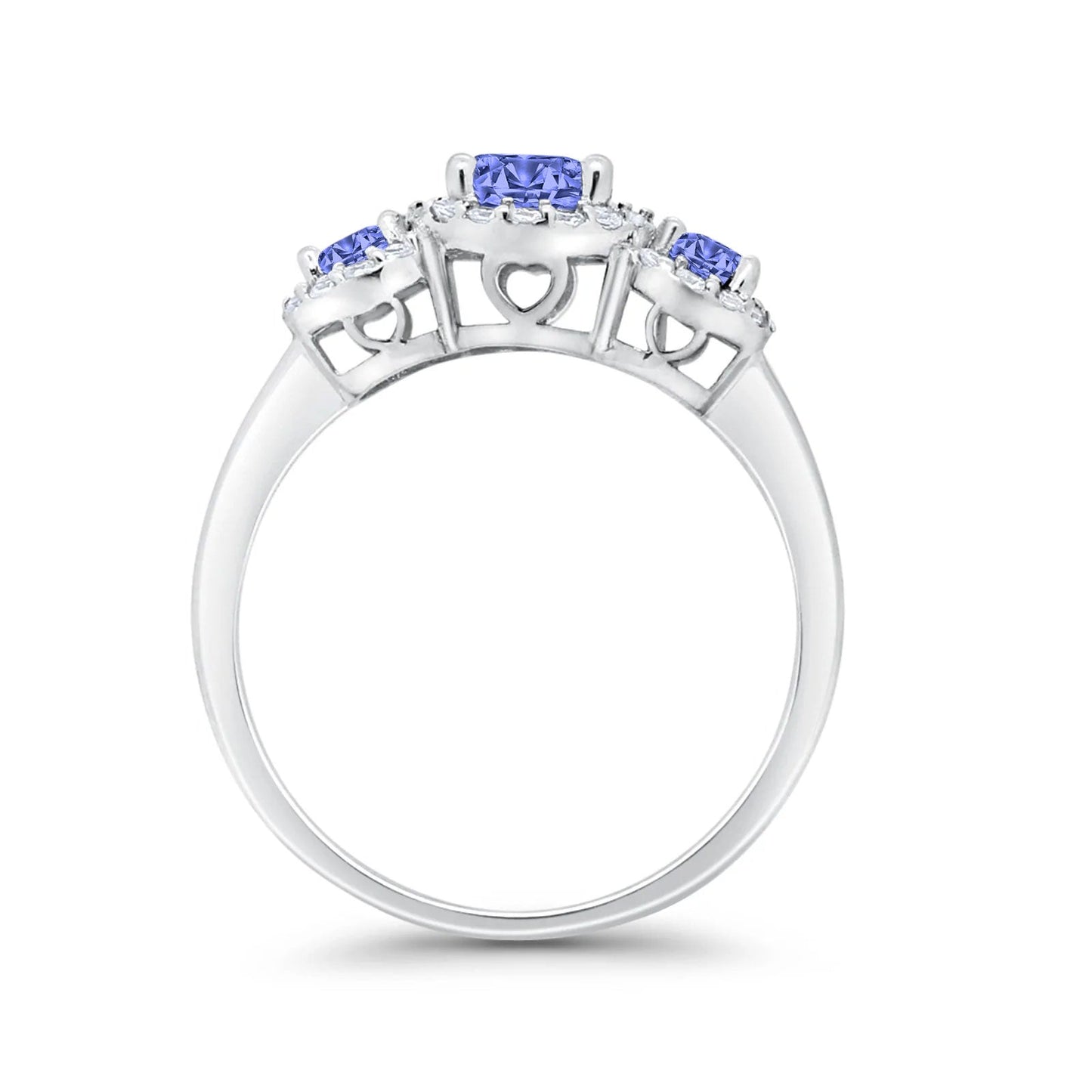 Three Stone Halo Simulated Tanzanite CZ Wedding Engagement Promise Ring