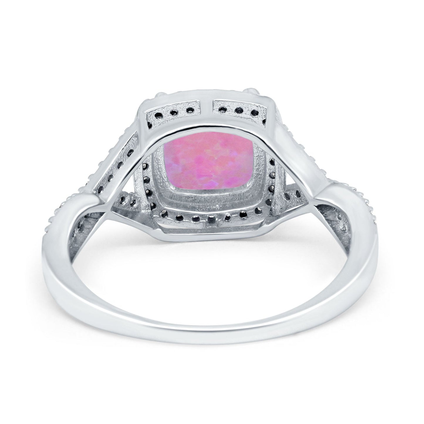 Halo Infinity Shank Engagement Ring Cushion Lab Created Pink Opal