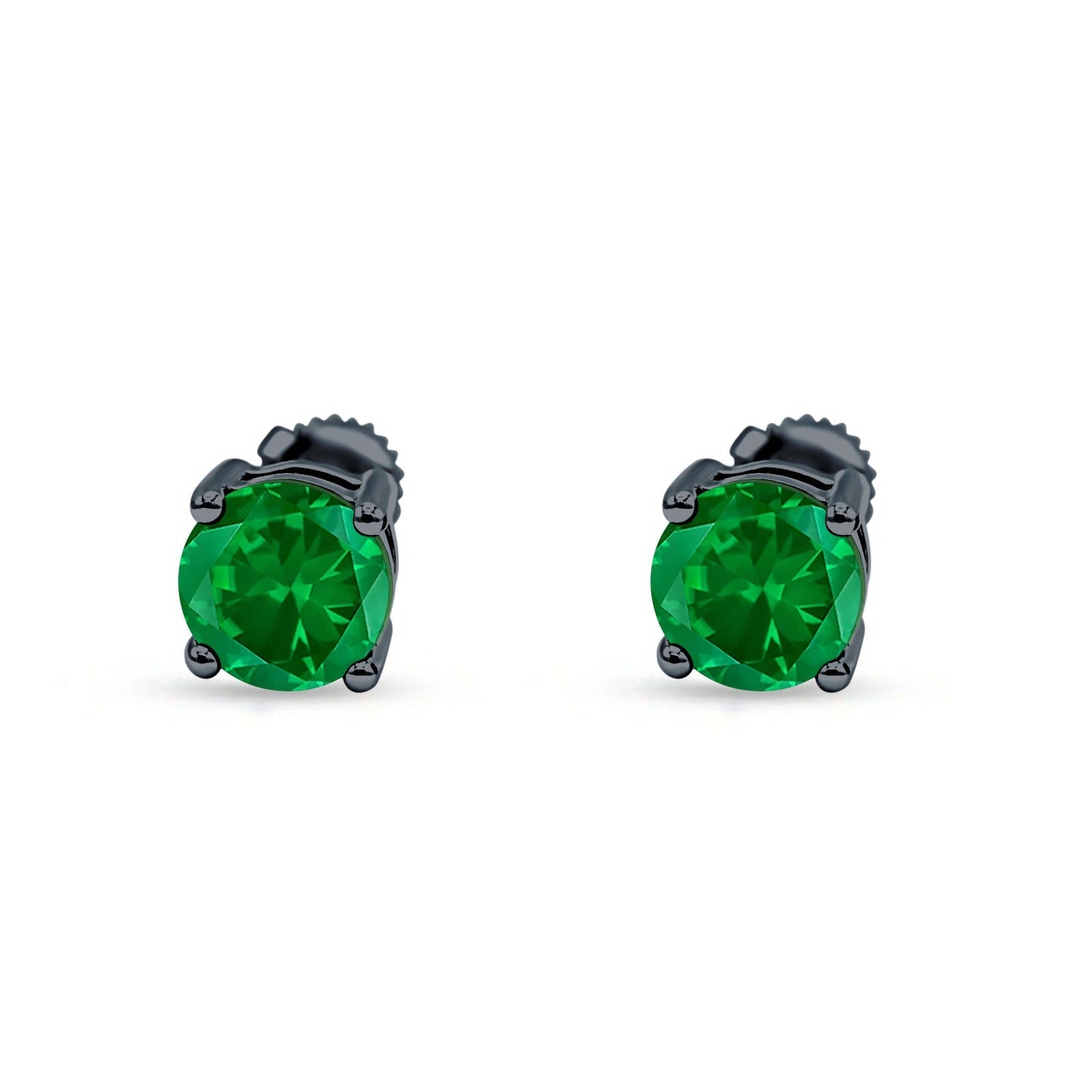 Solitaire Stud Earring Green Emerald CZ Black Tone