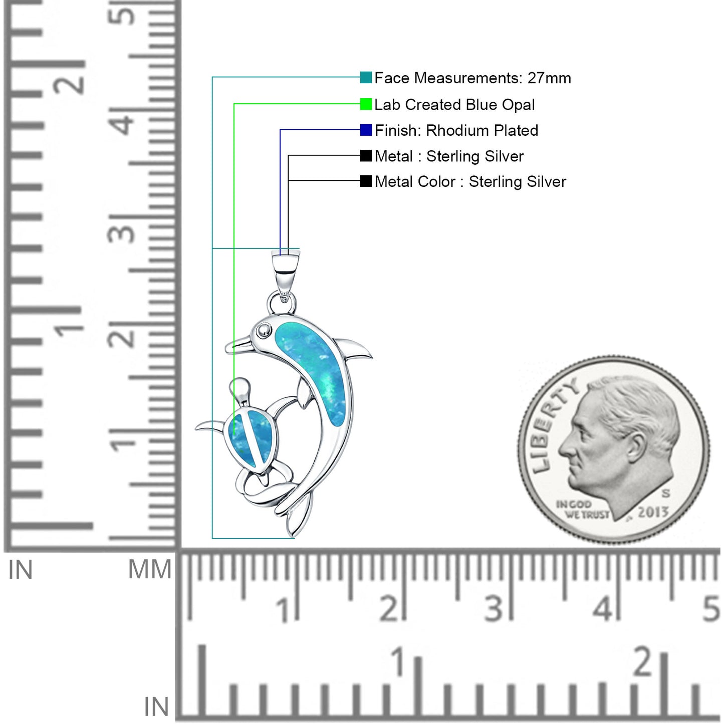 Lab Created Blue Opal Dolphin Turtle Pendant