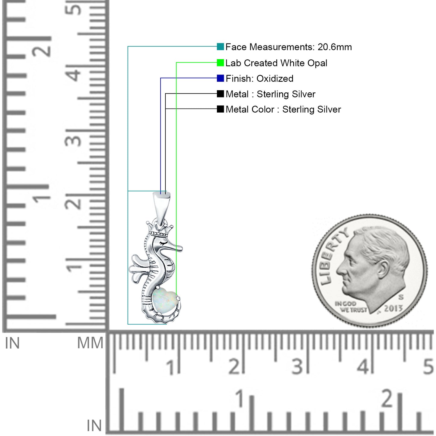 Heart Lab Created White Opal Seahorse Pendant Oxidized