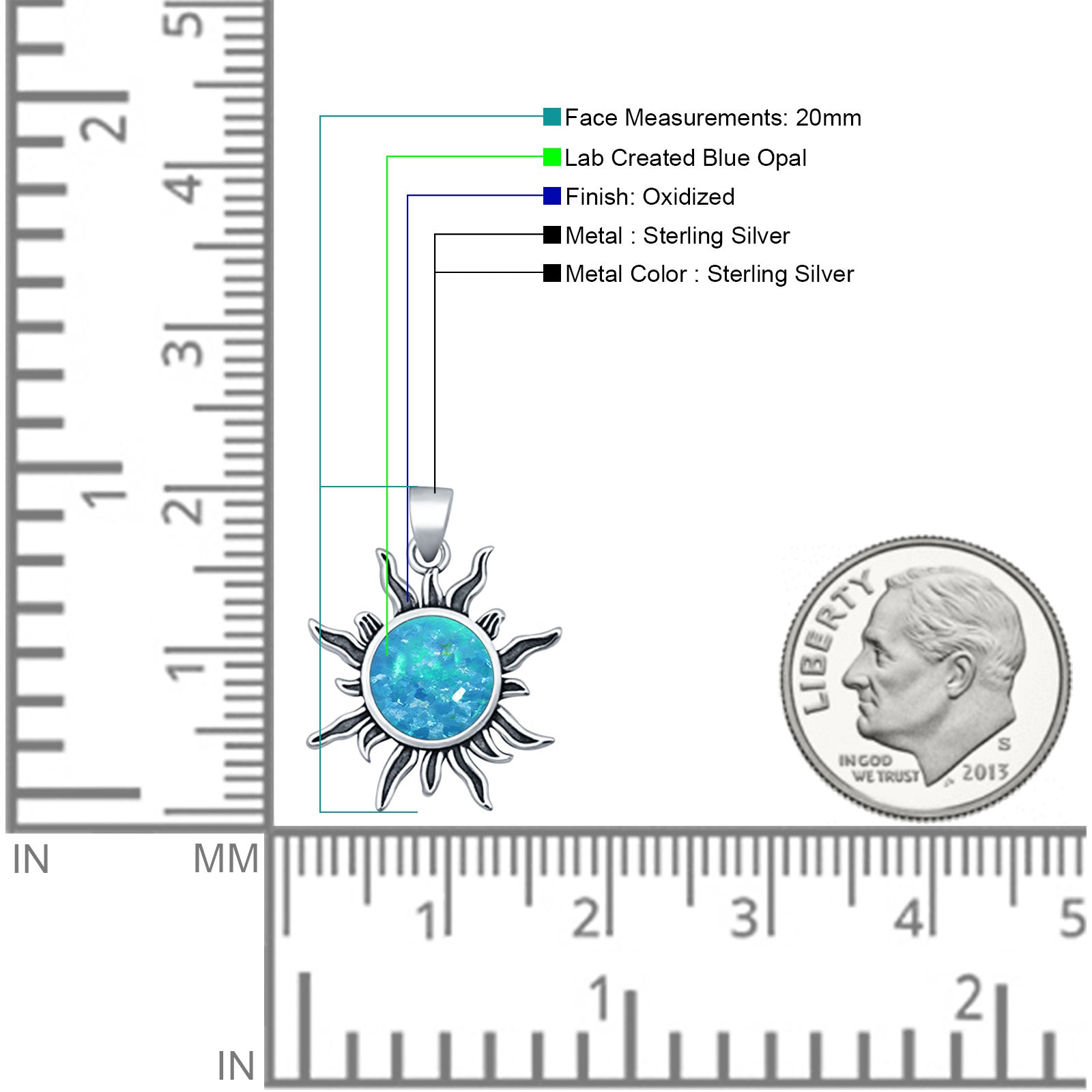 Round Lab Created Blue Opal Sun Pendant