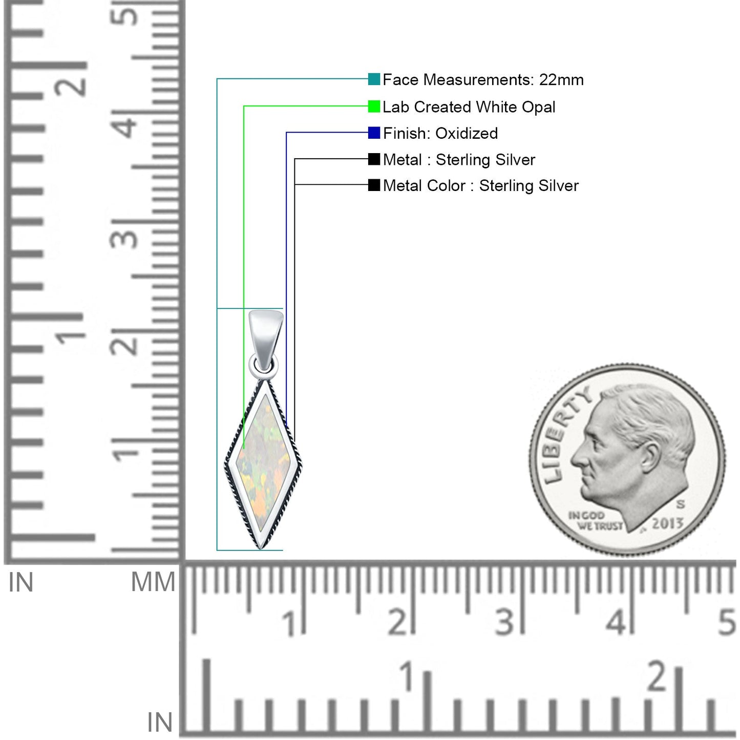 Diamond Shape Lab Created White Opal Oxidized Pendant