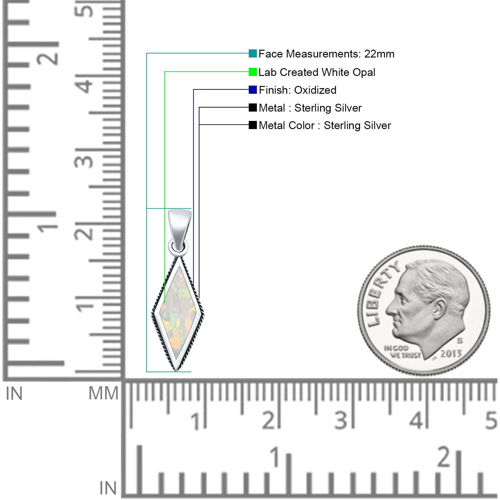 Diamond Shape Lab Created White Opal Oxidized Pendant