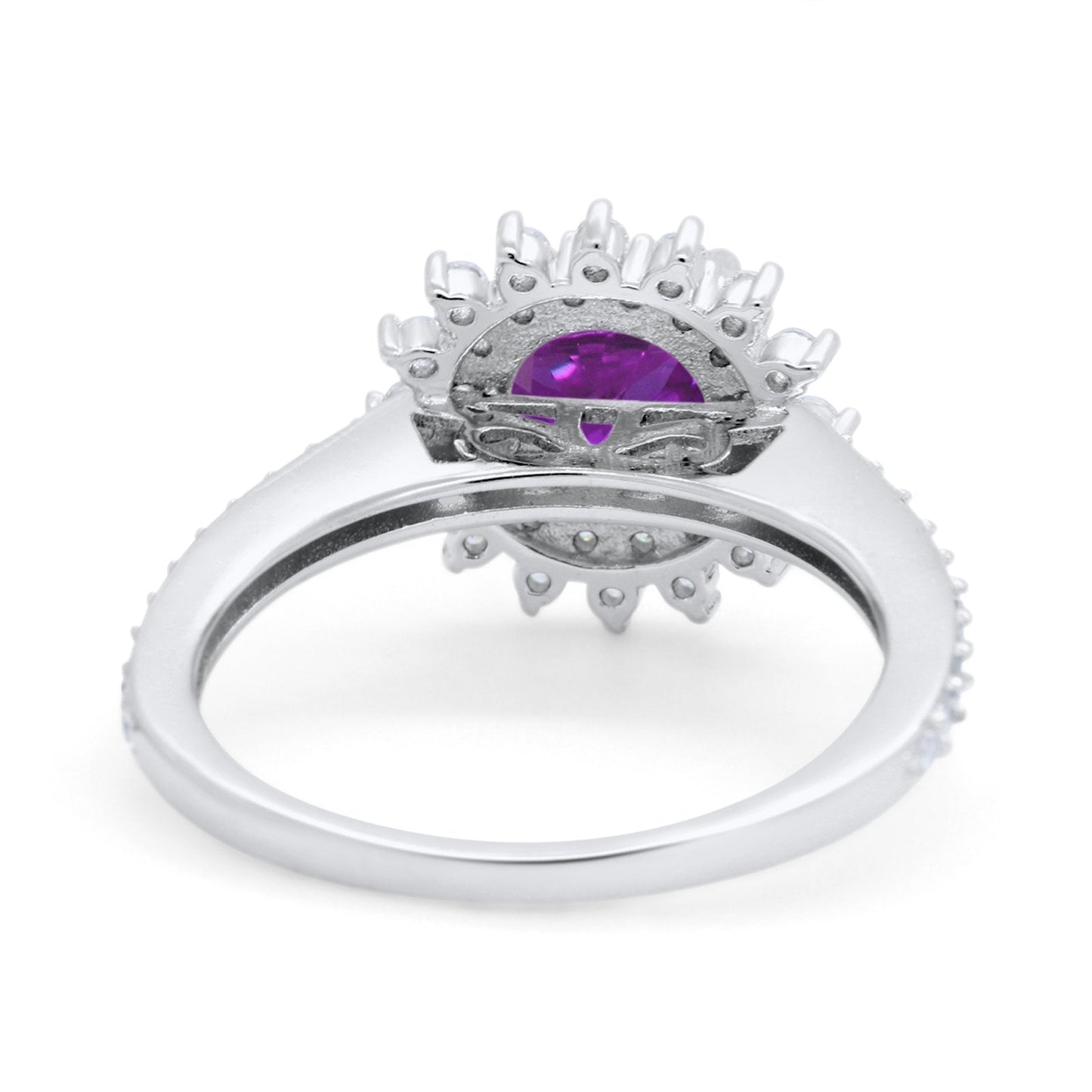 Halo Starburst Flower Wedding Ring Simulated Amethyst CZ