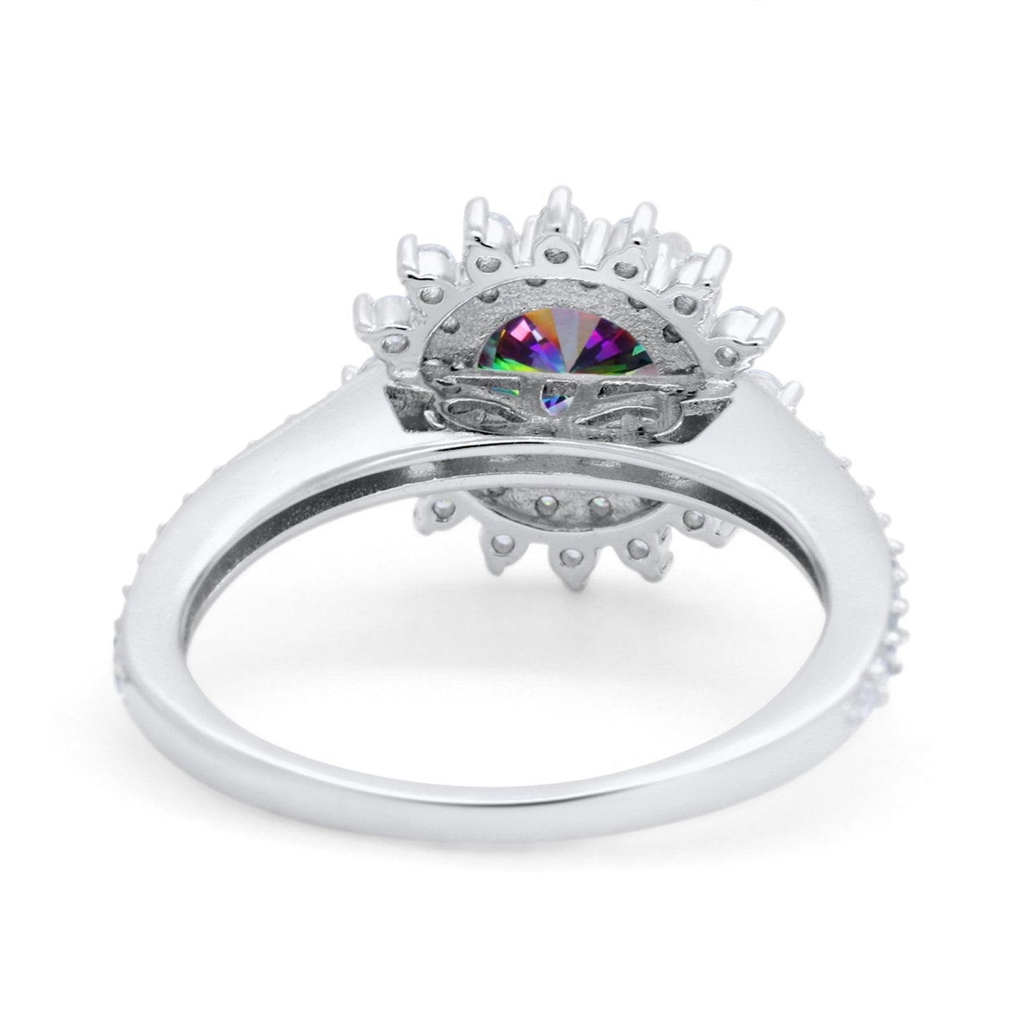 Halo Starburst Flower Wedding Ring Simulated Rainbow CZ