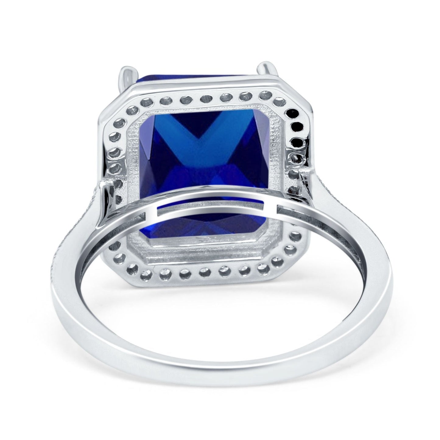 Halo Emerald Cut Engagement Ring Simulated Blue Sapphire CZ