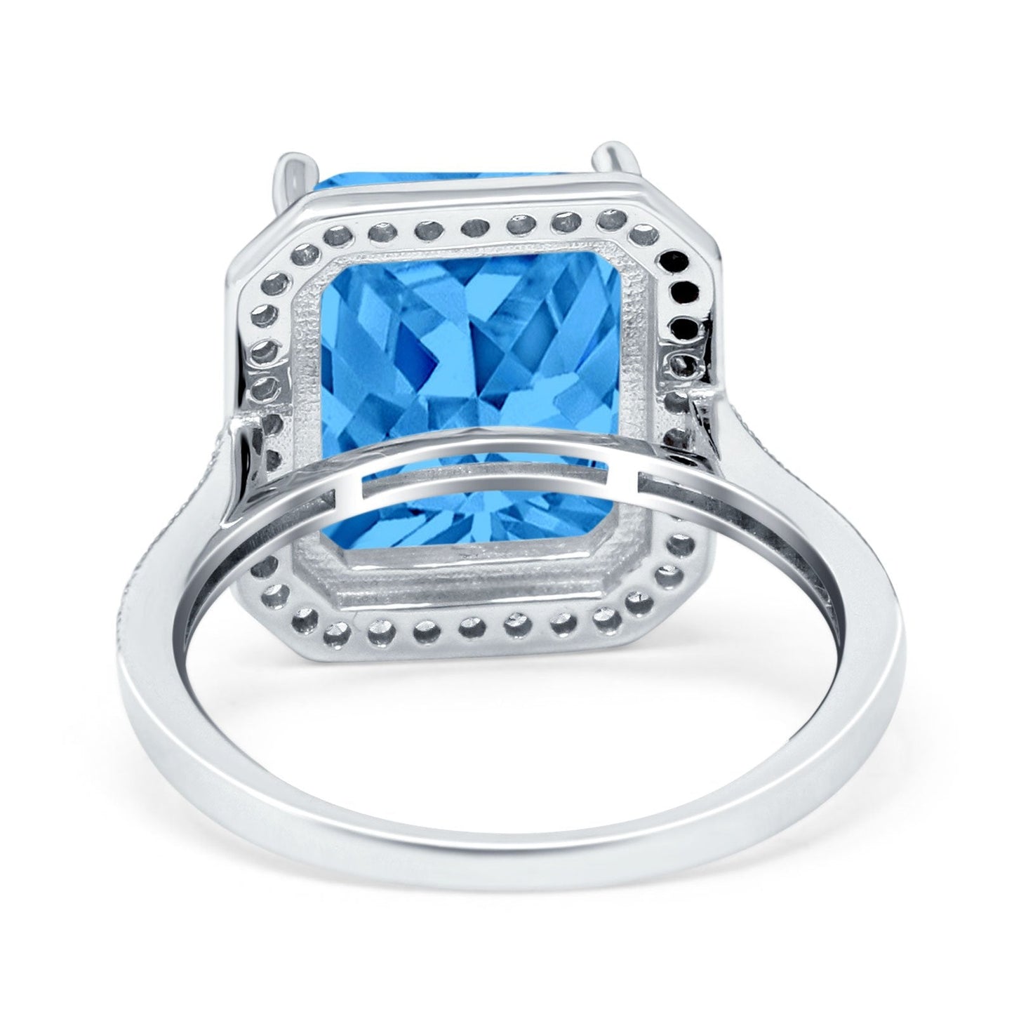 Halo Emerald Cut Engagement Ring Simulated Blue Topaz CZ